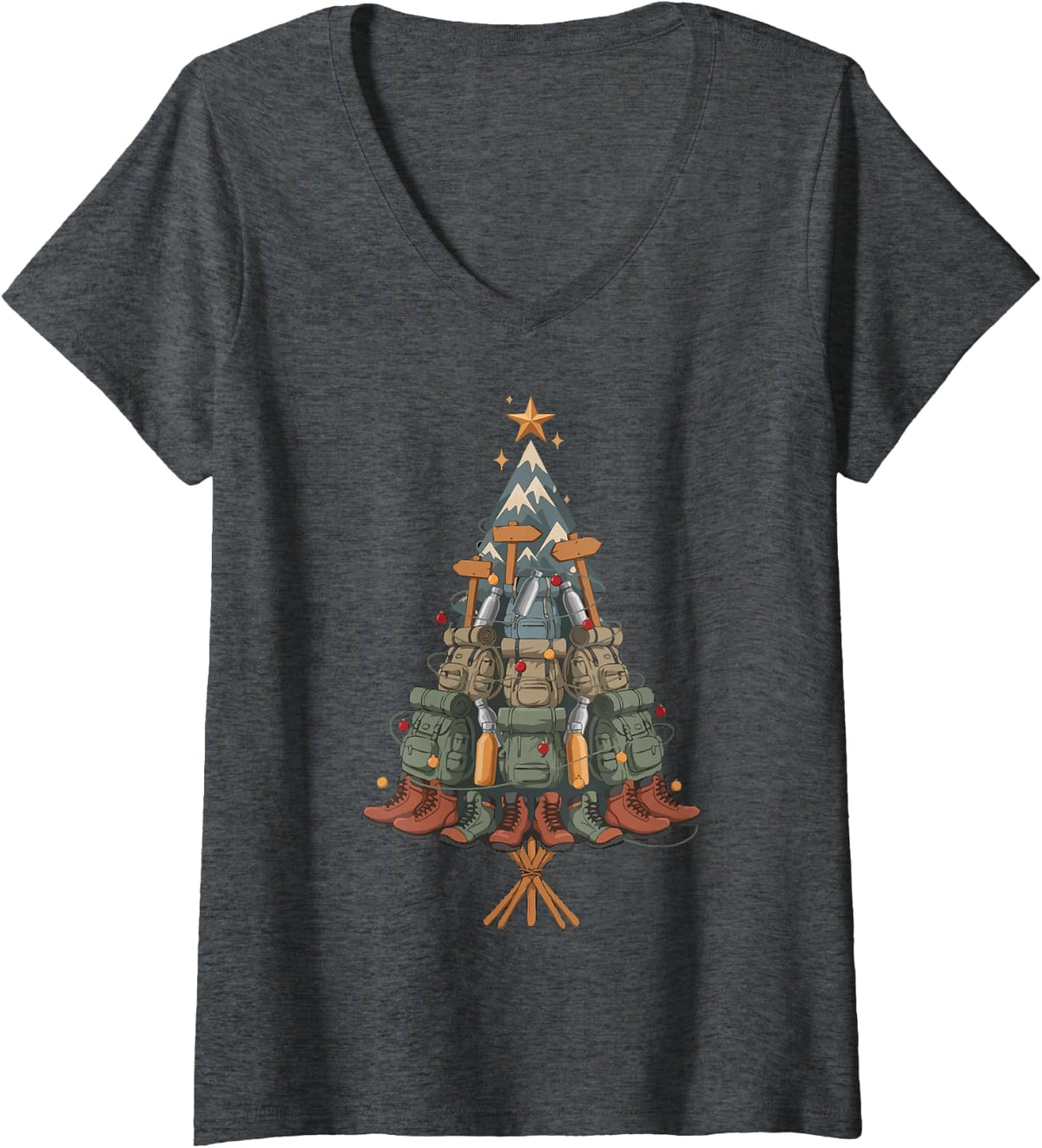 Women's Hiker Christmas Tree V-Neck T-Shirt - Dark Heather Grey