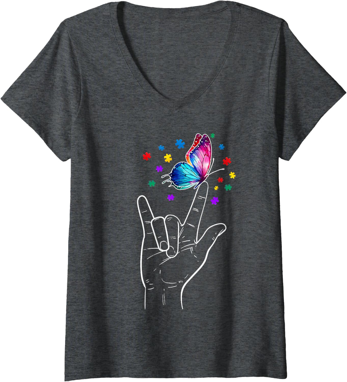 Women's I Love You Hand Sign Language Butterfly Autism Awareness V-Neck T-Shirt - Dark Heather Grey