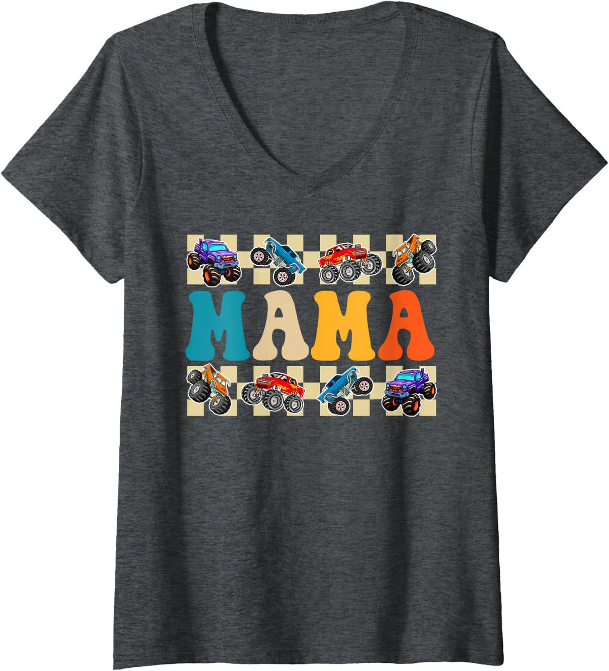 Women's Mama Monster Truck Birthday Crew Family Matching Mom Women V-Neck T-Shirt - Dark Heather Grey