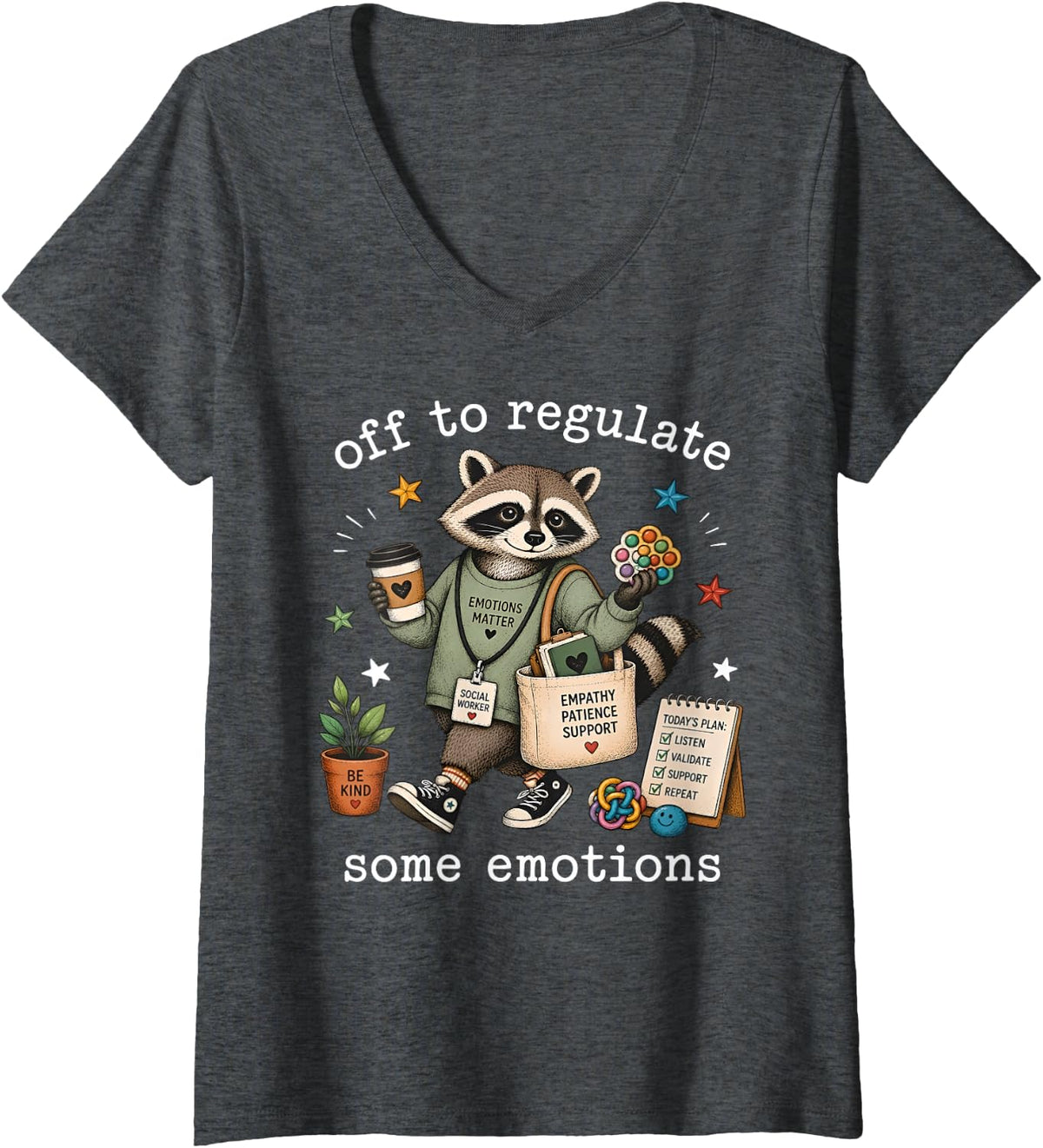 Women's Off to Regulate Some Emotions Raccoon School Social Worker V-Neck T-Shirt - Dark Heather Grey