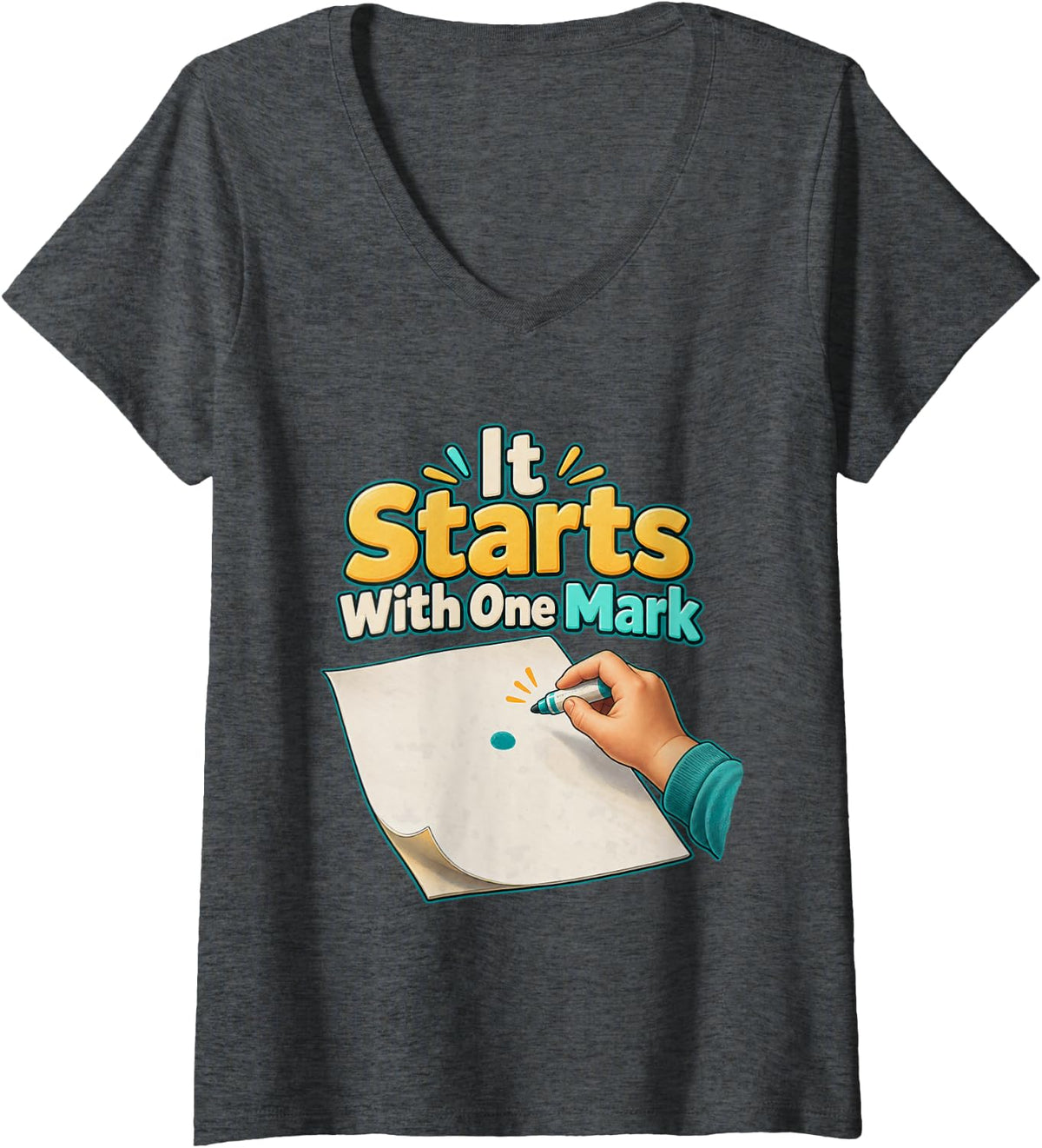 Women's It Starts with One Mark Dot Day Teacher Polka Dot Graphic V-Neck T-Shirt - Dark Heather Grey