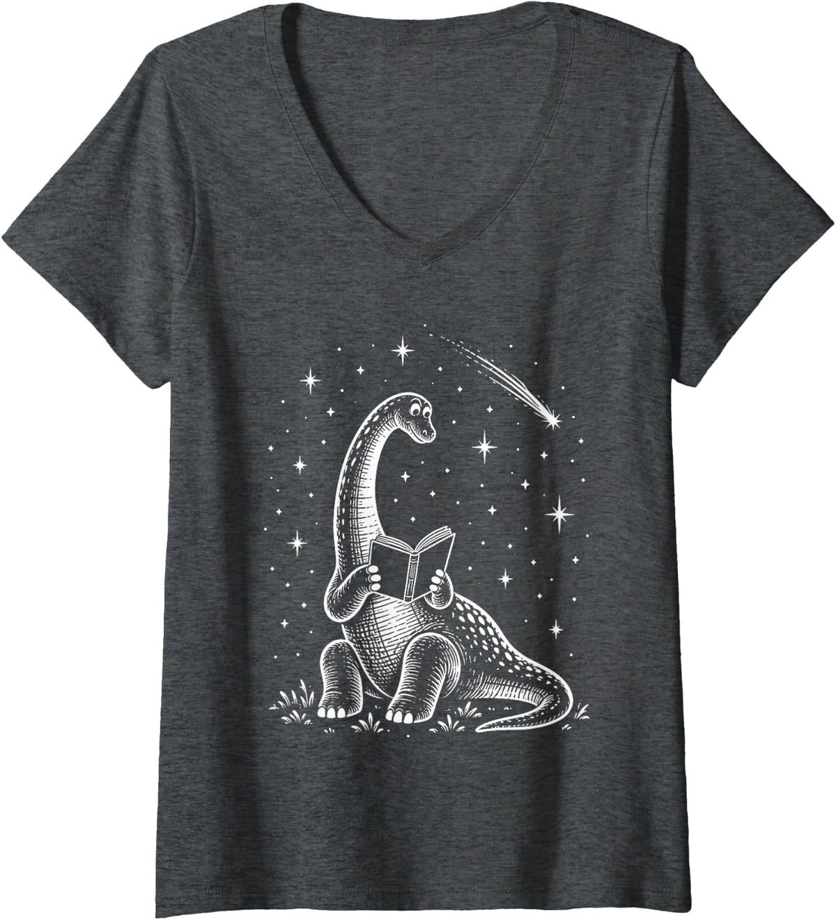 Women's Brontosaurus Reading Dinosaurs Meteor Book Lover V-Neck T-Shirt - Dark Heather Grey