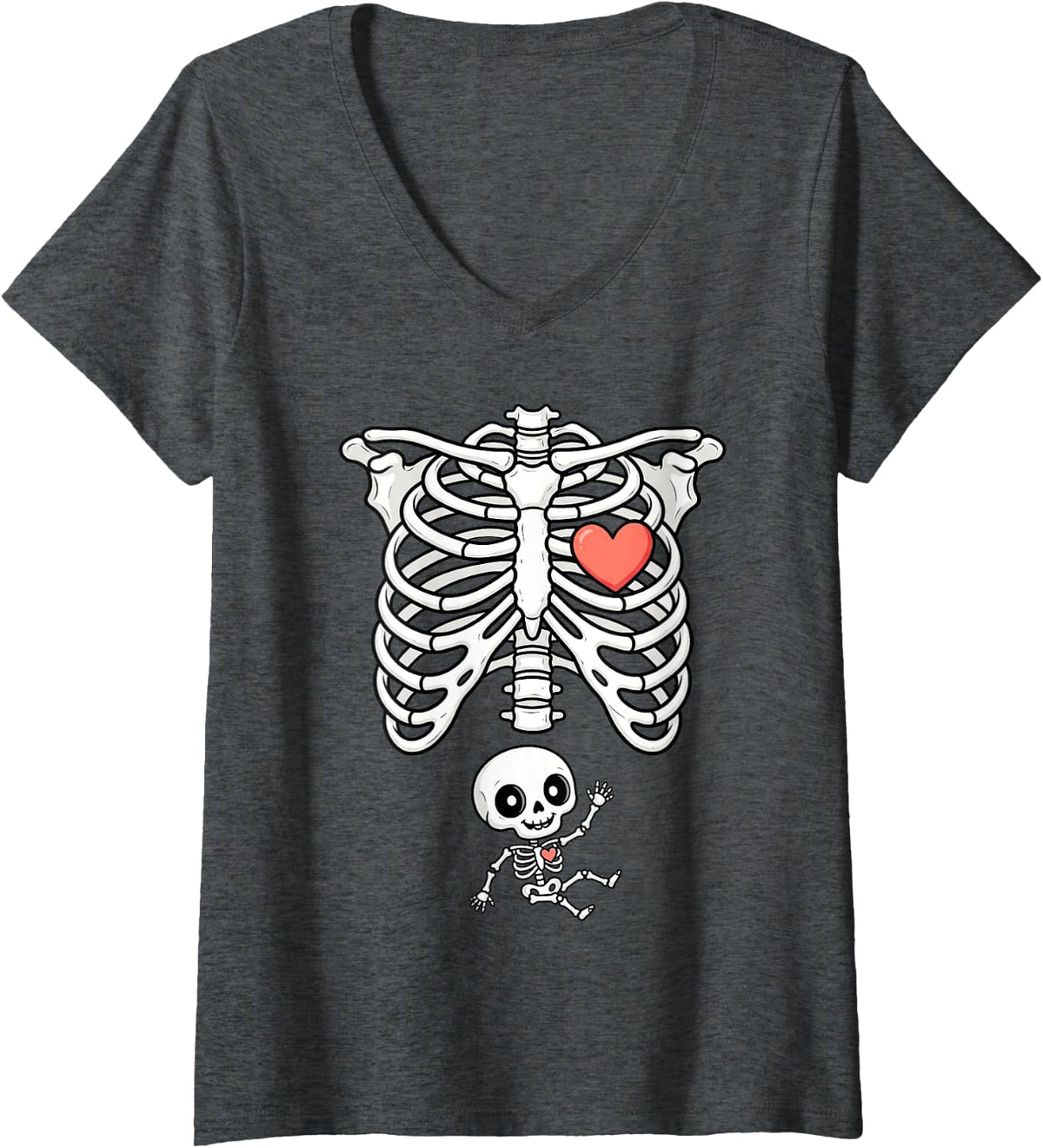 Women's Pregnant Skeleton Halloween Couple Baby Announcement Mom V-Neck T-Shirt - Dark Heather Grey