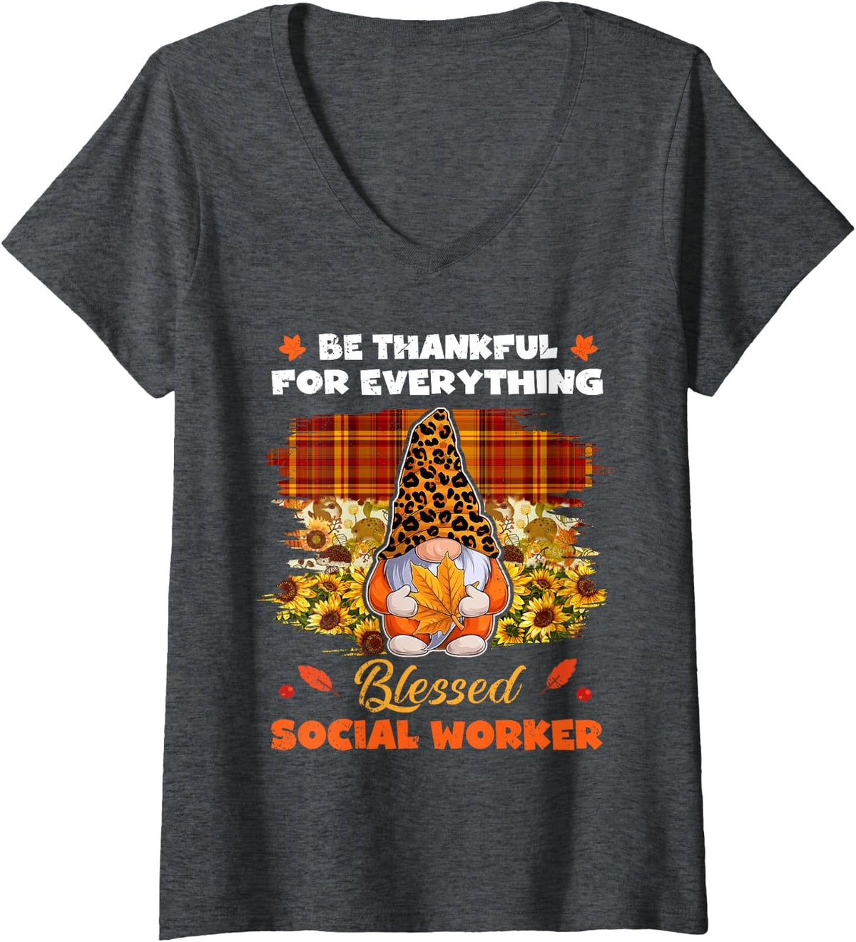 Women's Thankful Blessed Social Worker Gnome Thanksgiving V-Neck T-Shirt - Dark Heather Grey
