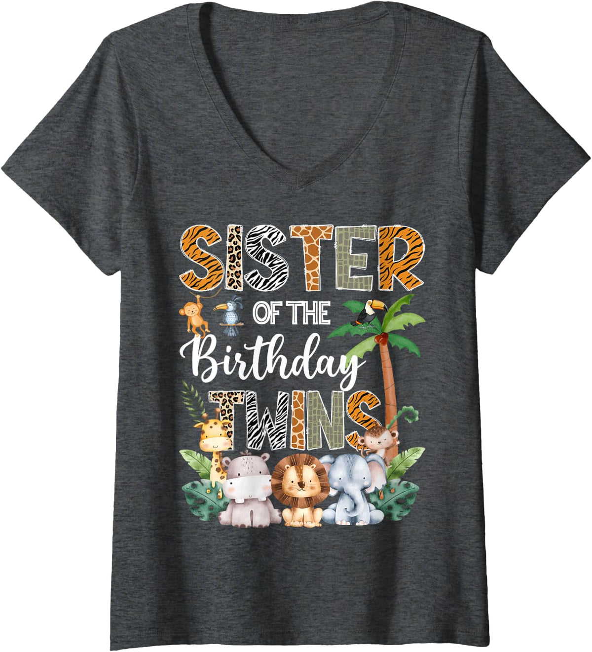 Women's Sister of The Birthday Twins Safari Jungle Animal Lover V-Neck T-Shirt - Dark Heather Grey