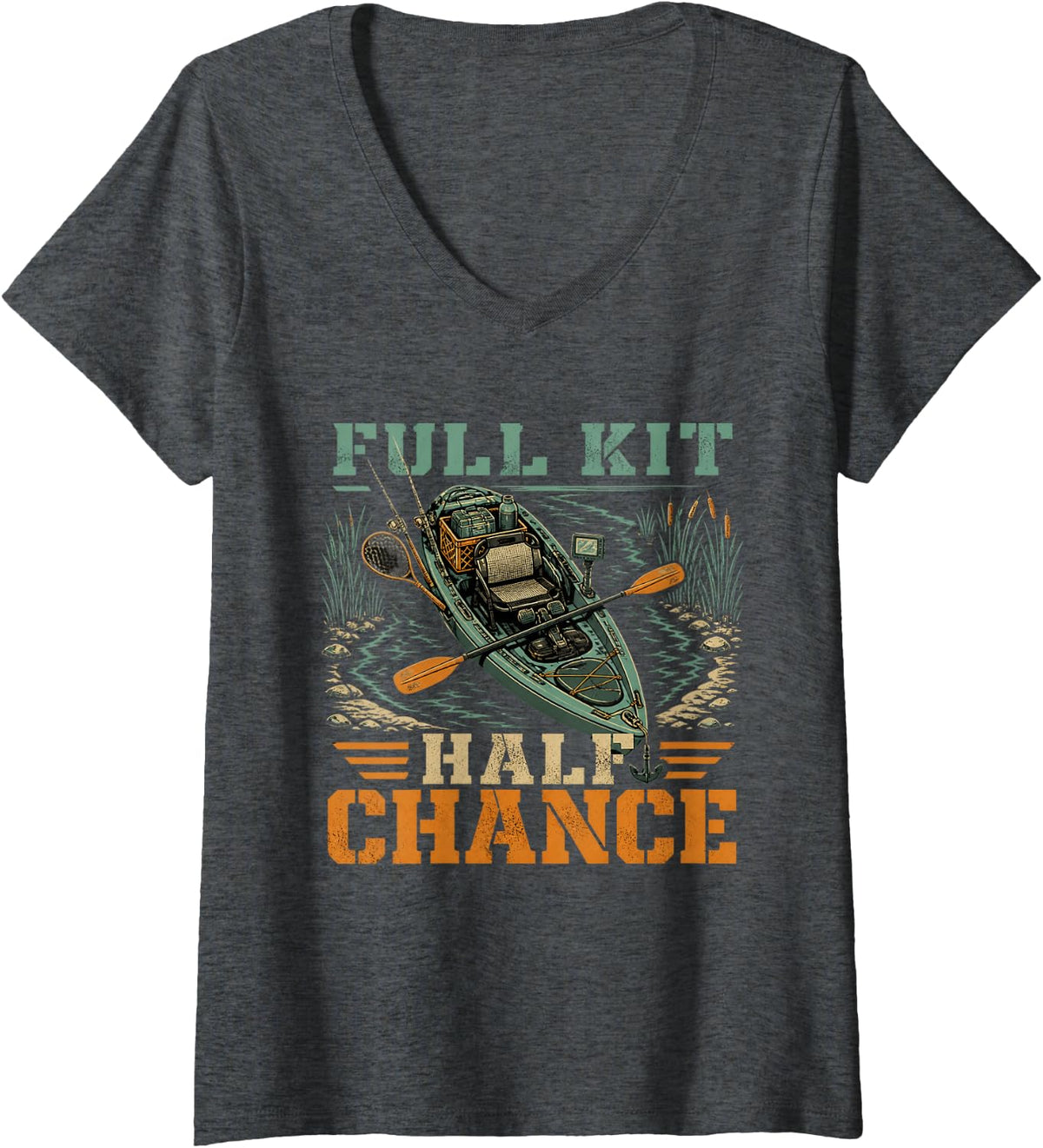 Women's Full Kit Half Chance Kayak Fishing Kayak Angler V-Neck T-Shirt - Dark Heather Grey