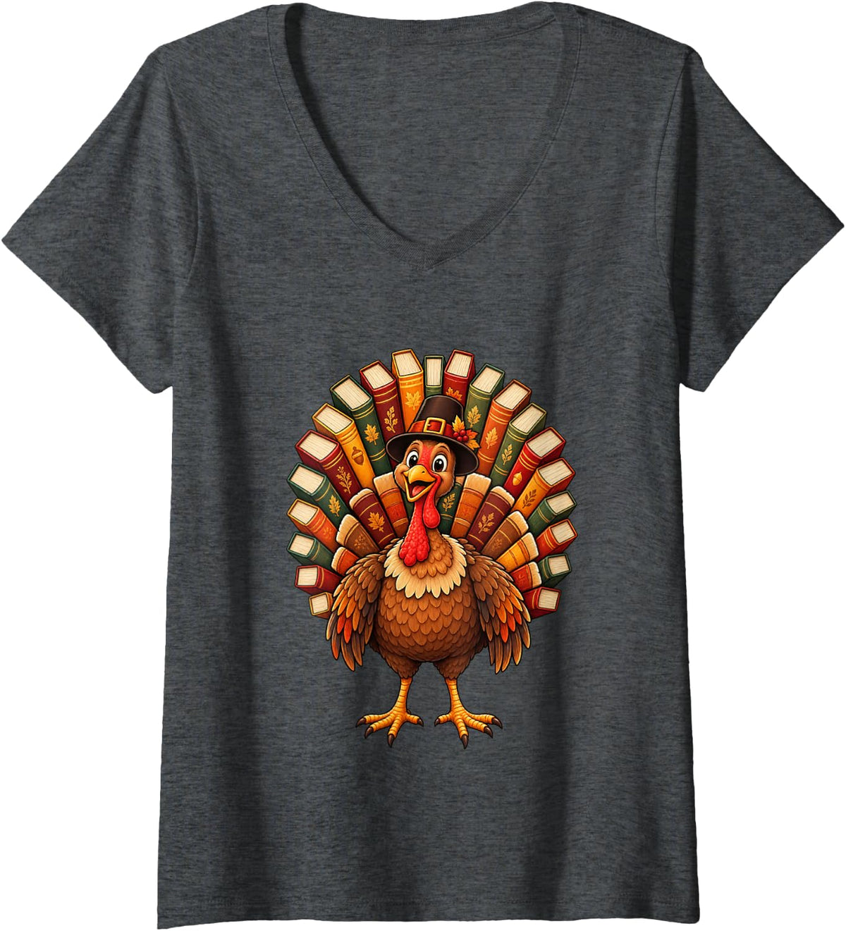 Women's Thanksgiving Turkey Book Feathers Reading Teacher Librarian V-Neck T-Shirt - Dark Heather Grey