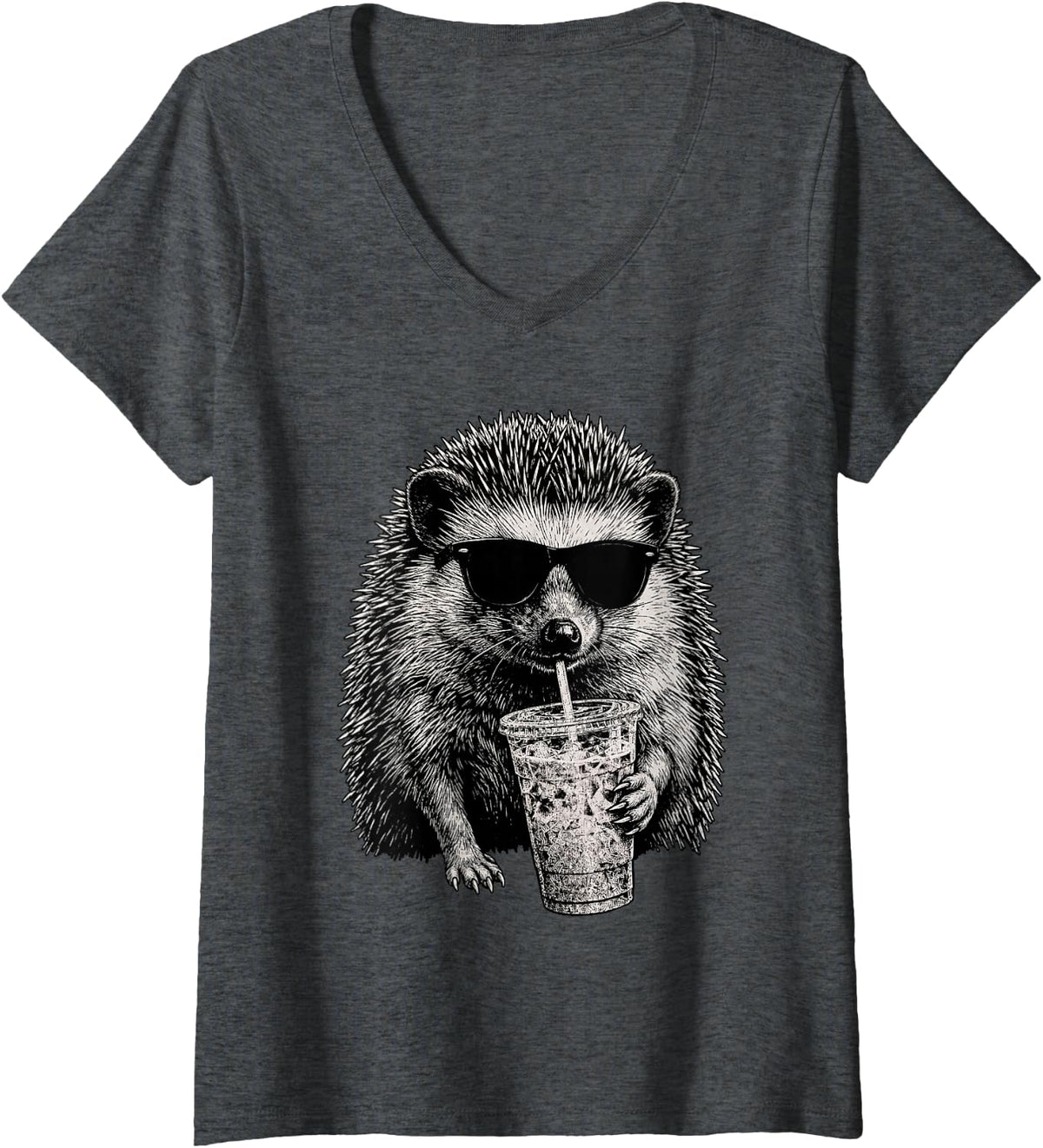 Women's Hedgehog Drinking Iced Coffee Wildlife Animal Humor V-Neck T-Shirt - Dark Heather Grey