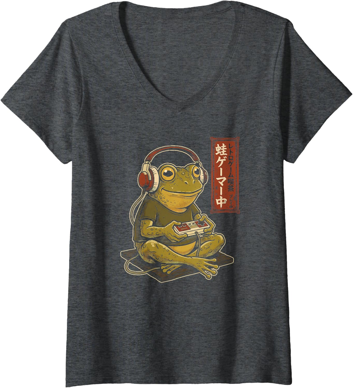 Women's Gamer Frog Japanese Gaming Controller Headphones Retro Toad V-Neck T-Shirt - Dark Heather Grey