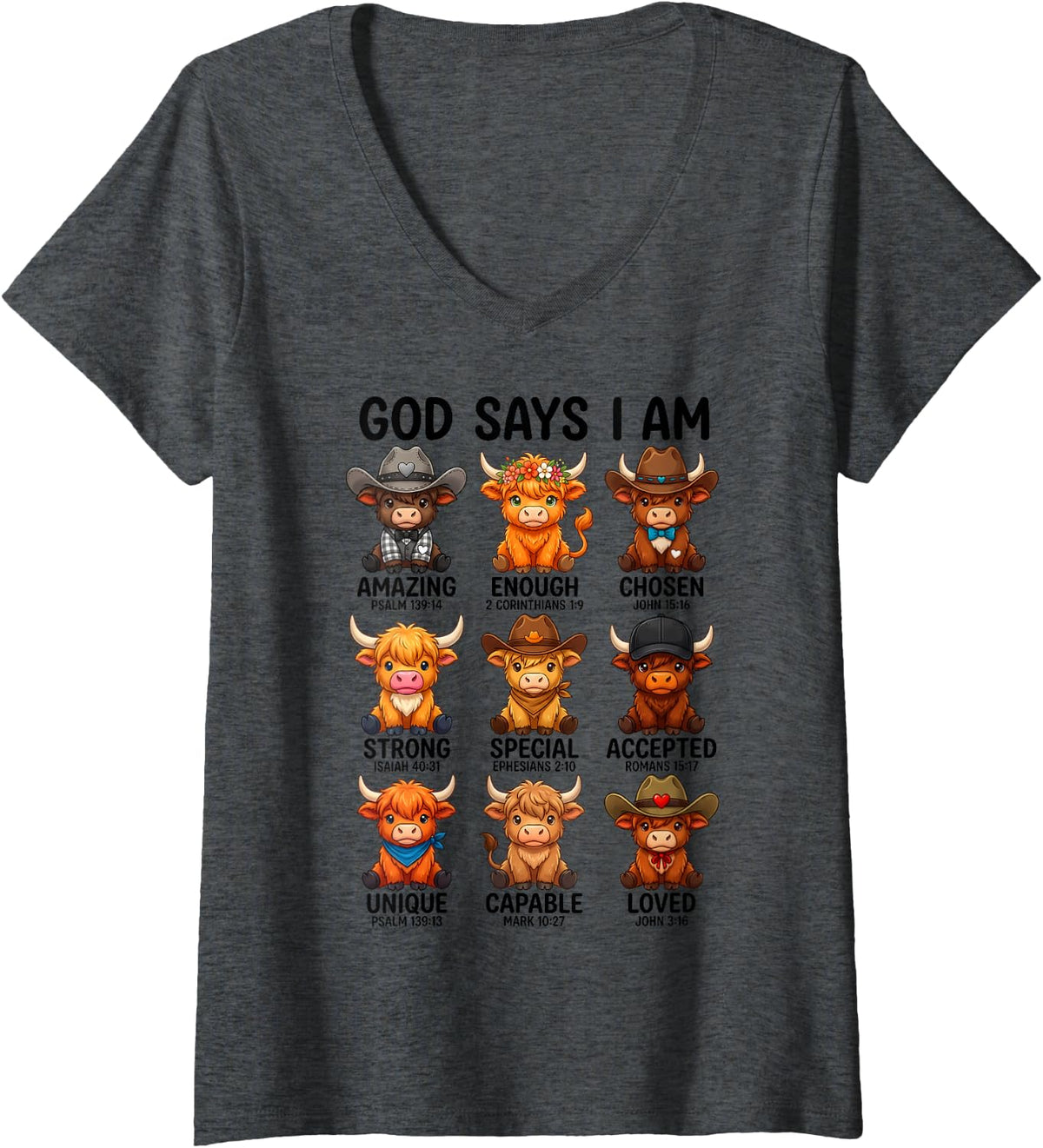Women's God Says I Am Highland Cow Christian Religious Scottish Cow V-Neck T-Shirt - Dark Heather Grey