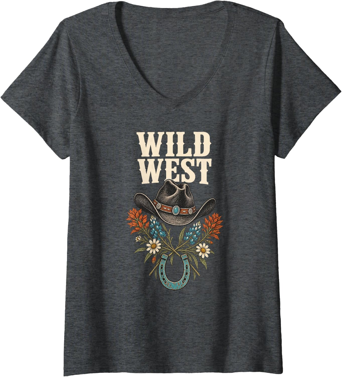 Women's Wild West Cowgirl Hat Horseshoe Floral Western V-Neck T-Shirt - Dark Heather Grey