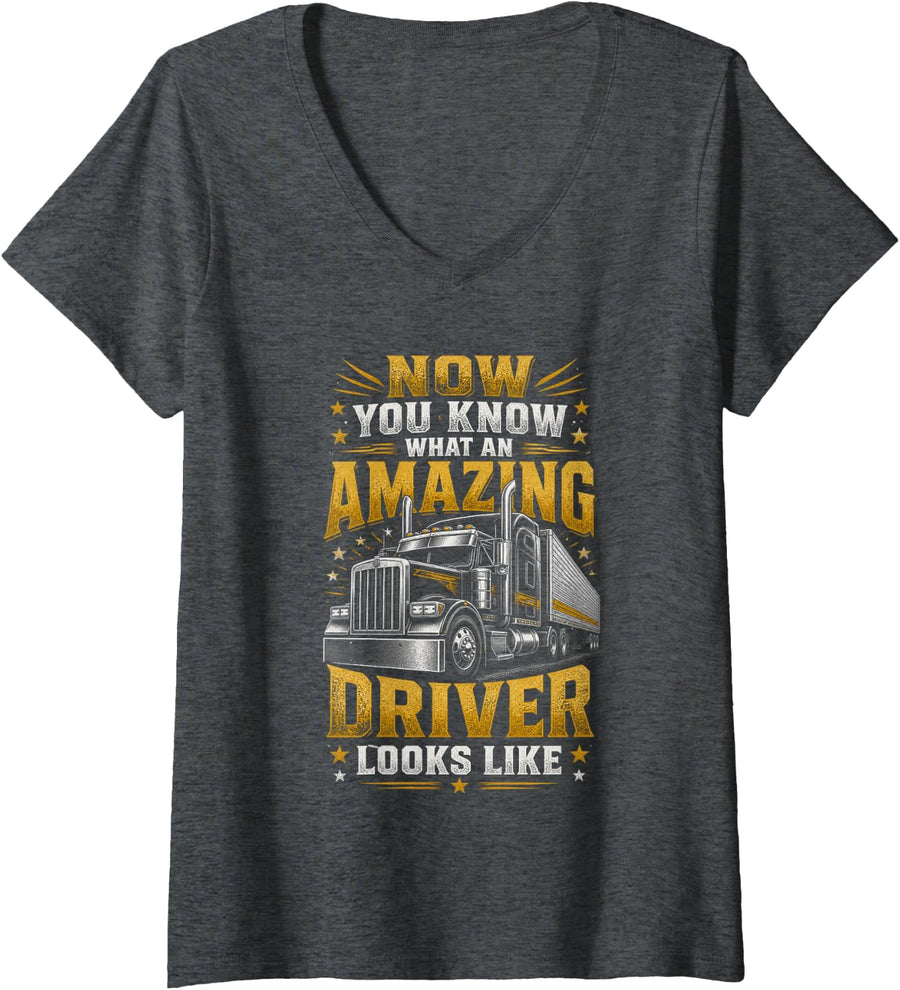 Women's Amazing Driver Look Truck Gift for Proud Trucker V-Neck T-Shirt - Dark Heather Grey