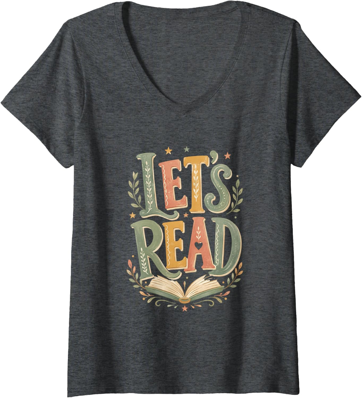 Women's Lets Read Book Lover Library Reading Teacher V-Neck T-Shirt - Dark Heather Grey