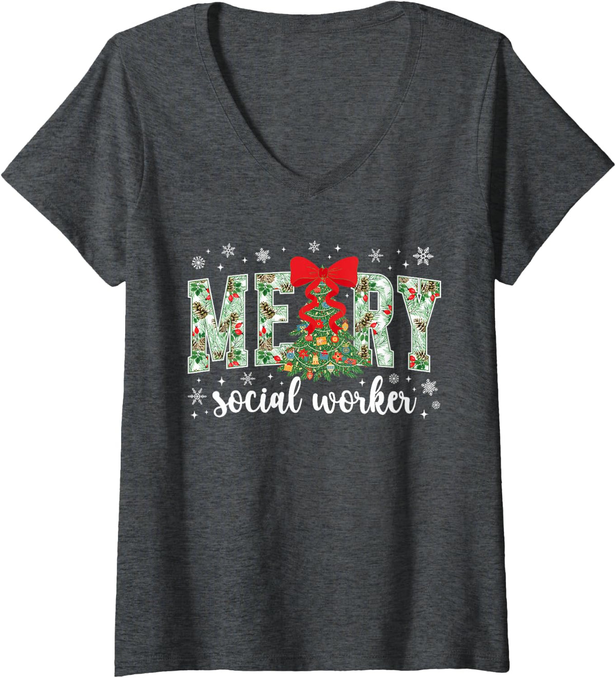 Women's Merry Social Worker Christmas Social Workers Xmas Party Bow V-Neck T-Shirt - Dark Heather Grey