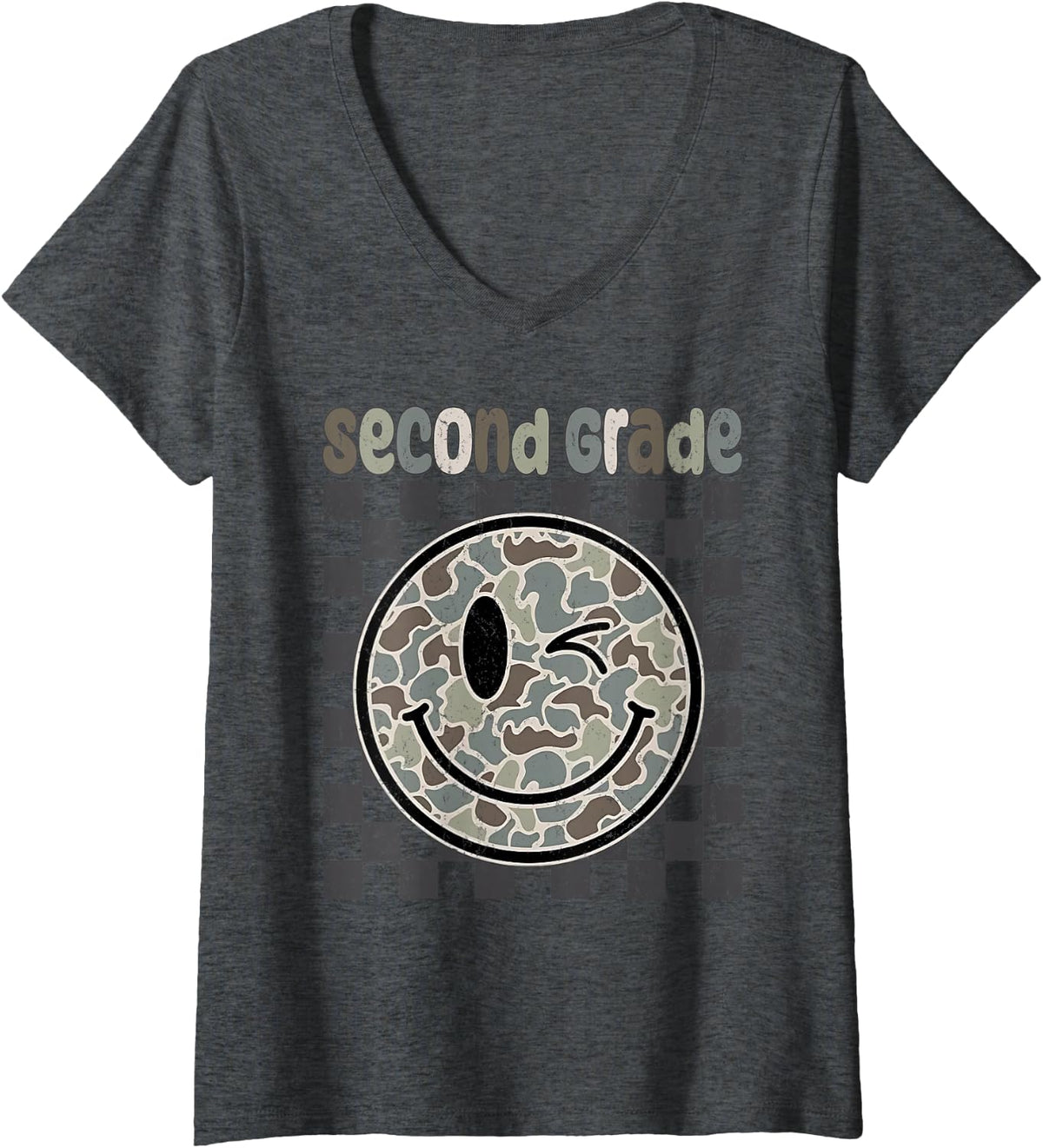 Women's Camo Smile Face Back to School 2nd Second Grade Dude Boy Kid V-Neck T-Shirt - Dark Heather Grey
