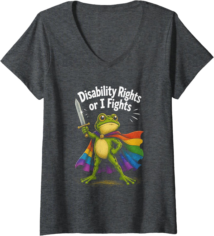 Women's Disability Rights or I Fights - Frog Superhero Rainbow Cape V-Neck T-Shirt - Dark Heather Grey