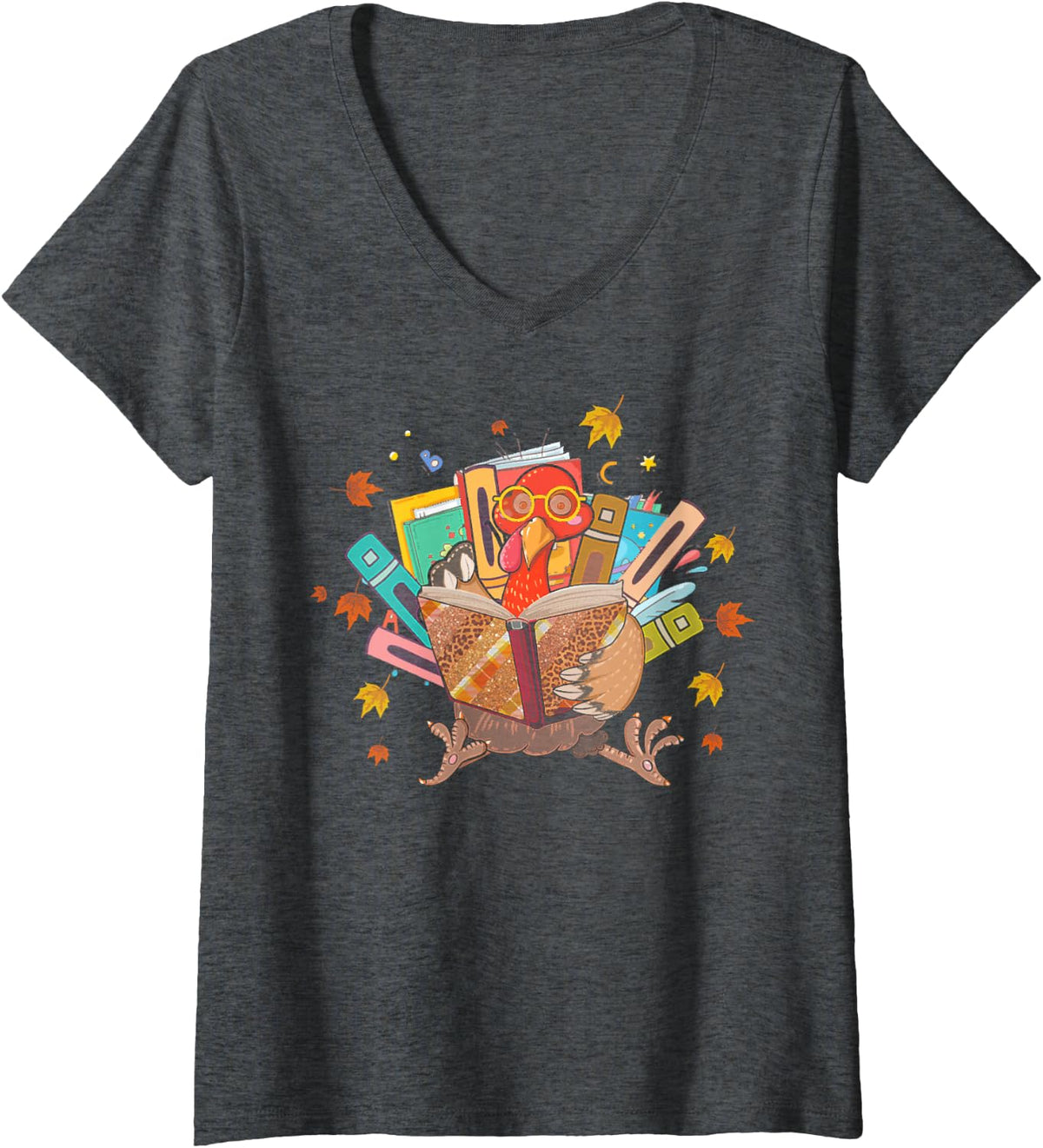 Women's Book Lover's Day in Turkey, Funny Thanksgiving Autumn Tees V-Neck T-Shirt - Dark Heather Grey