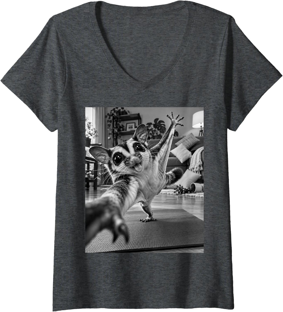 Women's Funny Sugar Glider Yoga Selfie Meme Exotic Pet Lover V-Neck T-Shirt - Dark Heather Grey