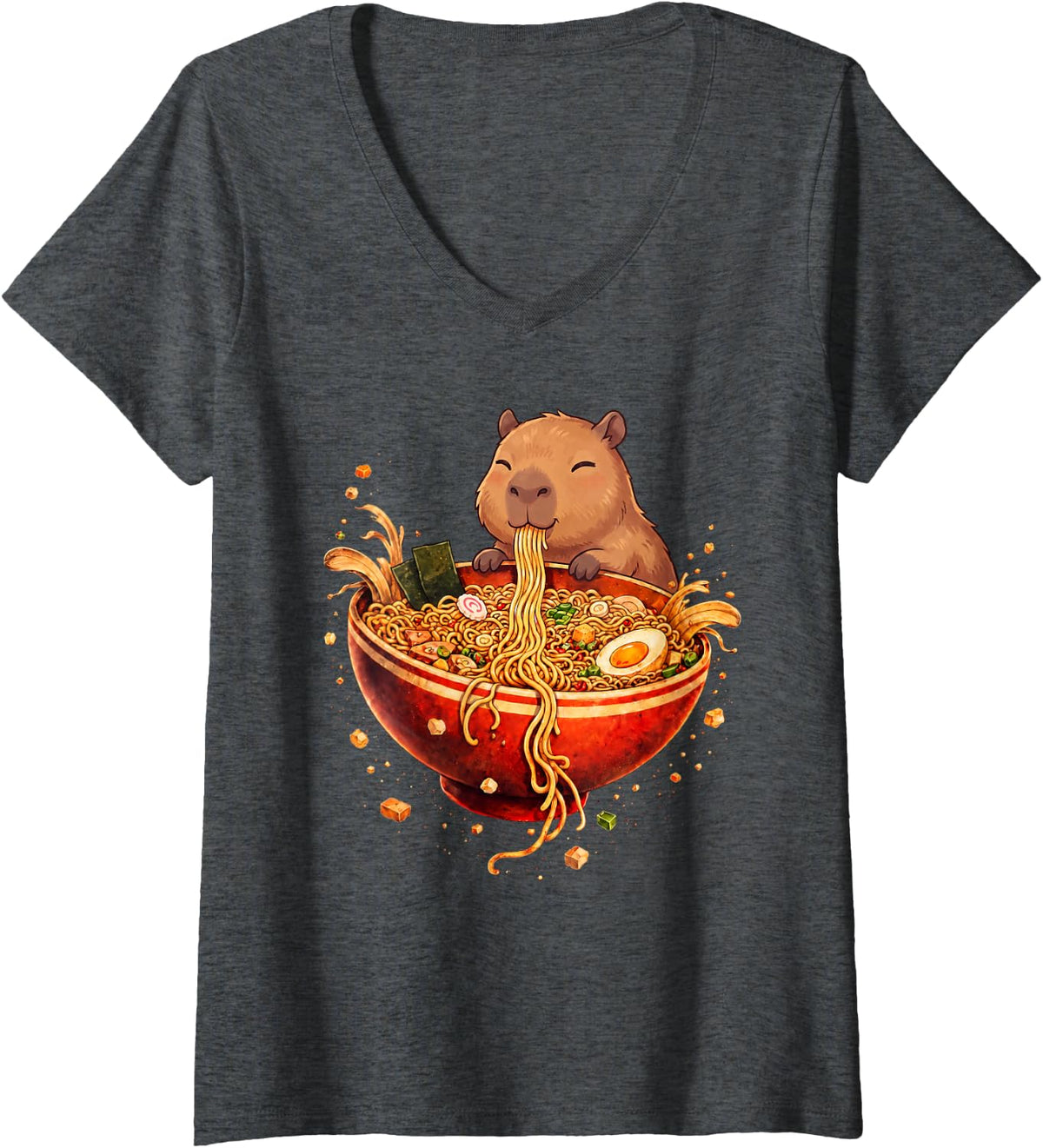 Women's Capybara Ramen Japanese Art Funny Anime Graphic Tee Kawaii V-Neck T-Shirt - Dark Heather Grey
