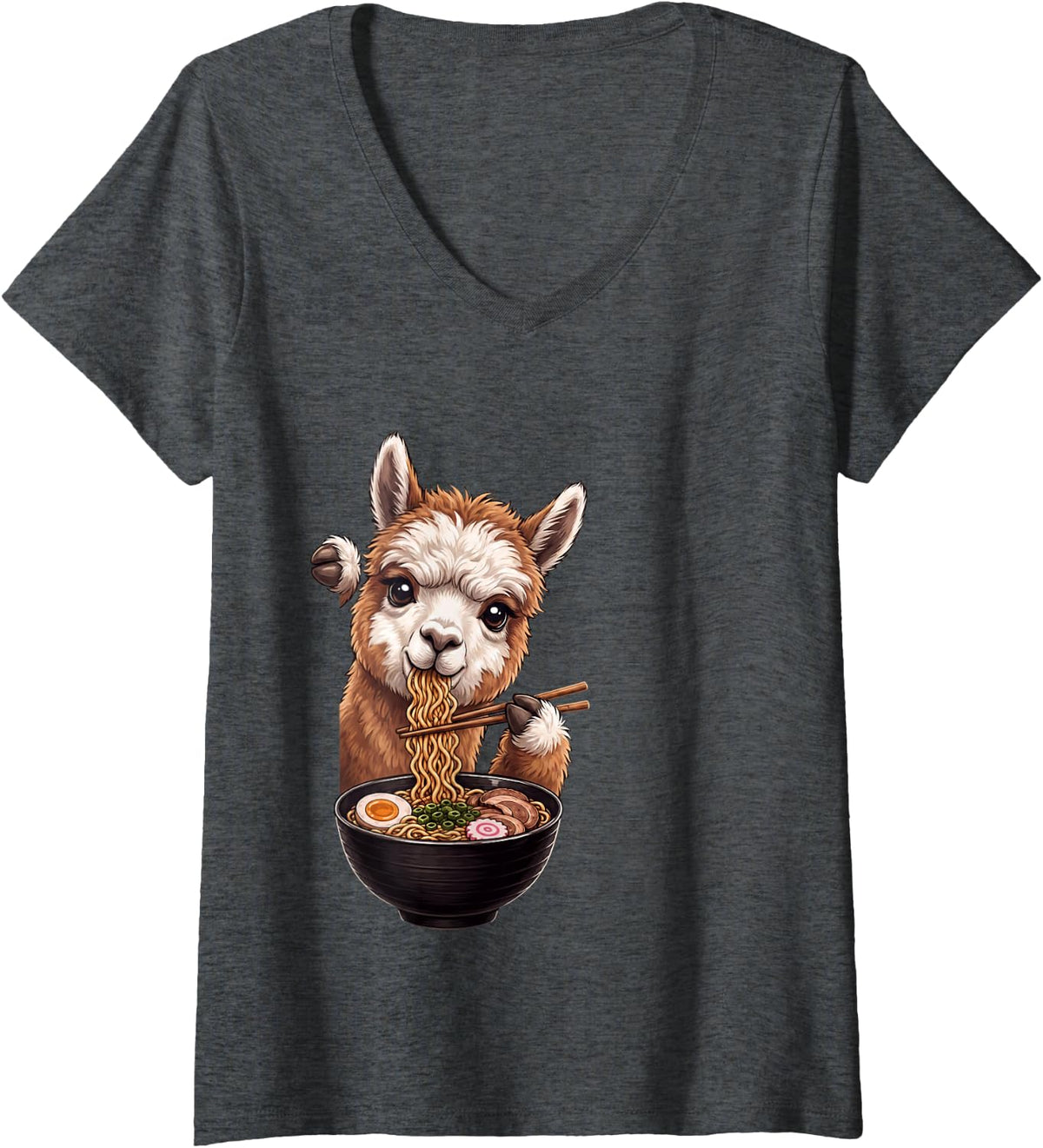 Women's Alpaca Peeking Ramen Bowl Llama Anime Japanese Food Lover V-Neck T-Shirt - Dark Heather Grey