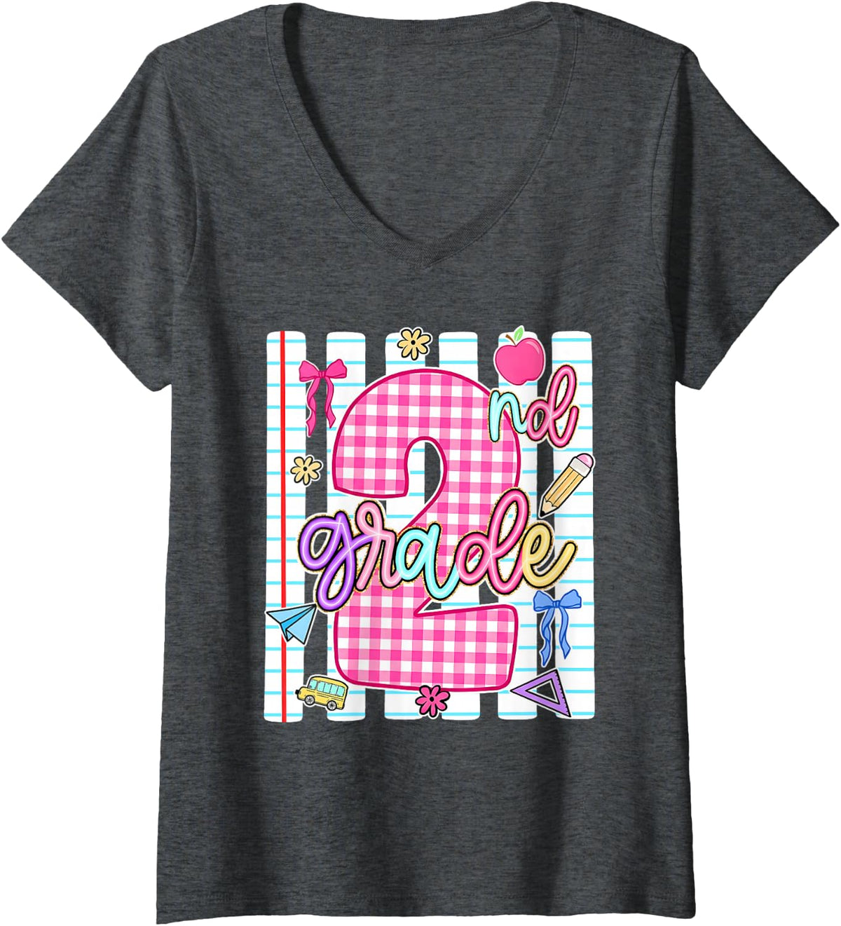 Women's Back to School 2nd Second Grade Coquette Bow Women Girl V-Neck T-Shirt - Dark Heather Grey