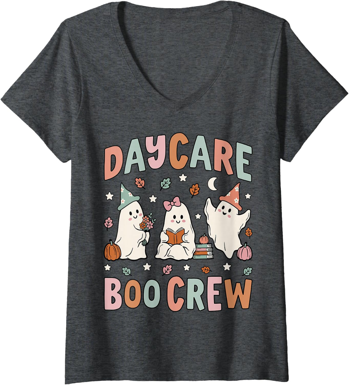 Women's Daycare Boo Crew Retro Groovy Halloween Floral Ghost Teacher V-Neck T-Shirt - Dark Heather Grey
