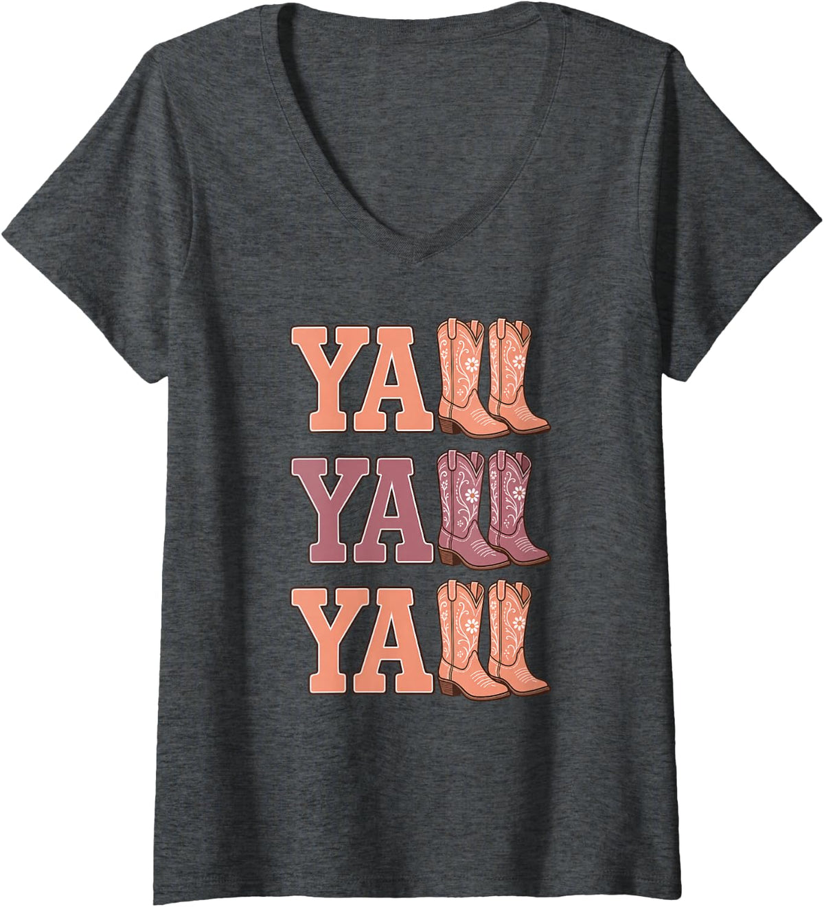 Women's Ya Western Cowgirl Boots Floral Pattern V-Neck T-Shirt - Dark Heather Grey