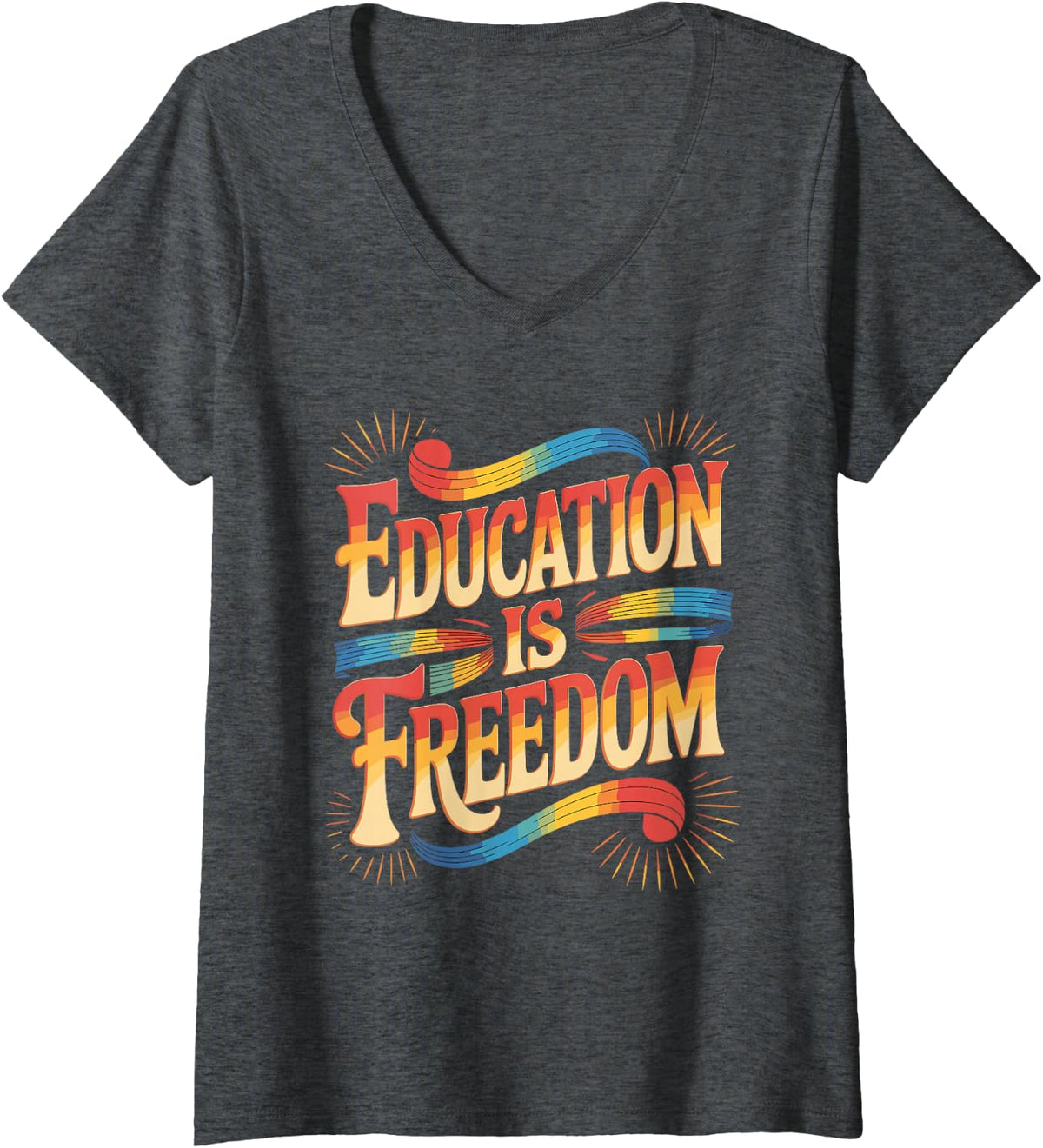 Women's Literacy Matters Education is Freedom Design V-Neck T-Shirt - Dark Heather Grey