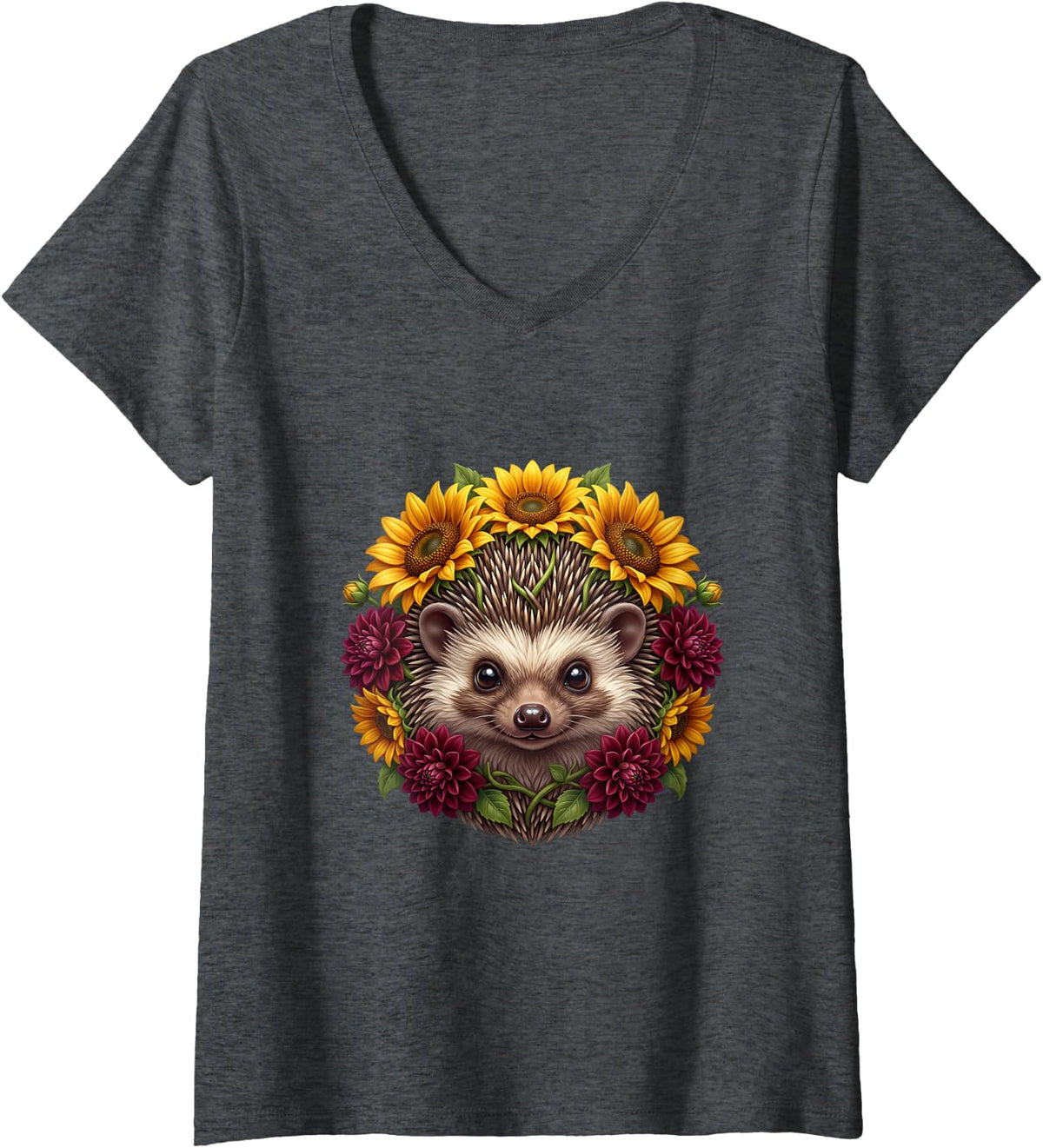Women's Little Hedgehog with Sunflowers and Red Dahlias V-Neck T-Shirt - Dark Heather Grey