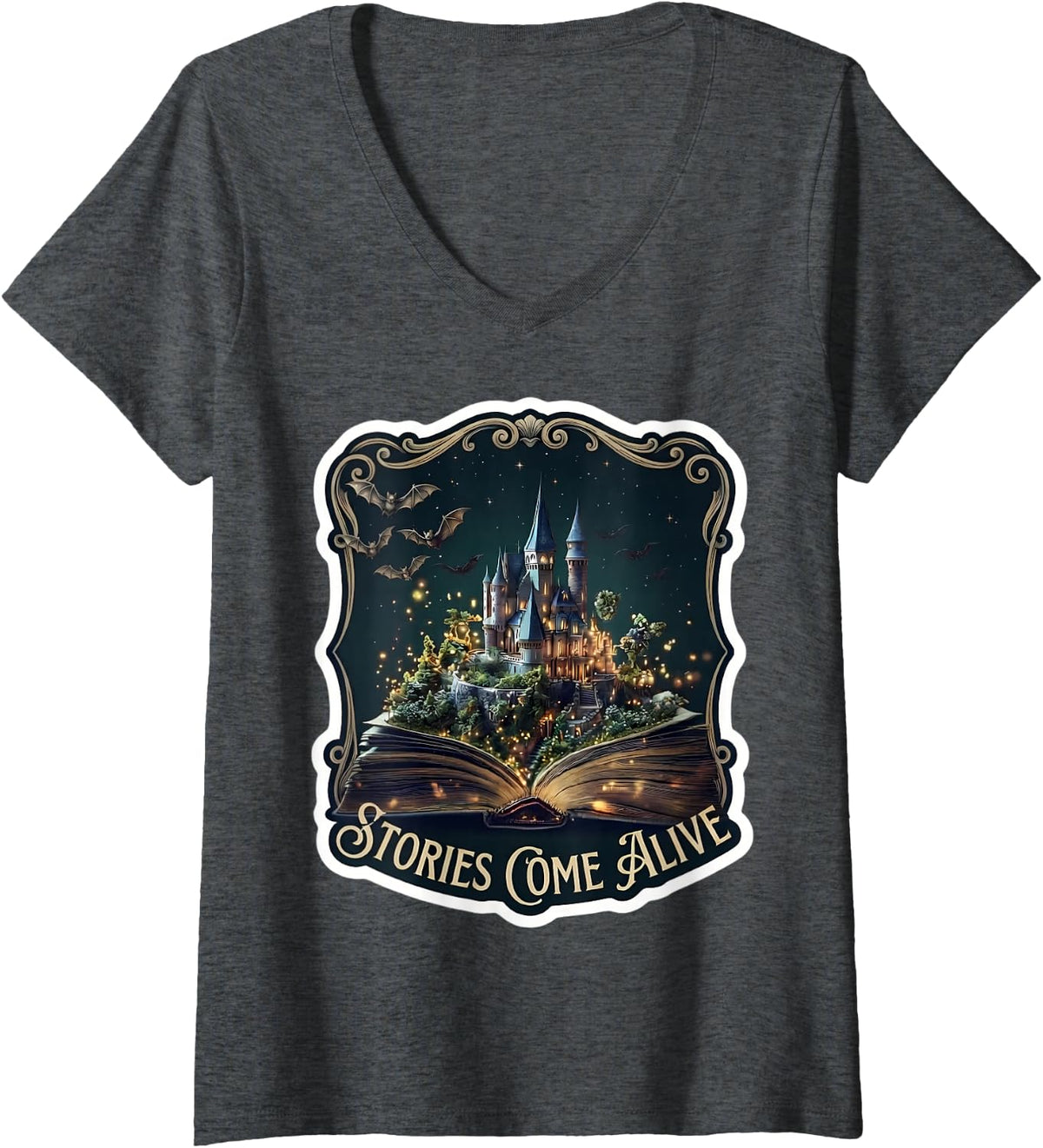 Women's Stories Come Alive Book Lover Library Bookworm Reader Quote V-Neck T-Shirt - Dark Heather Grey