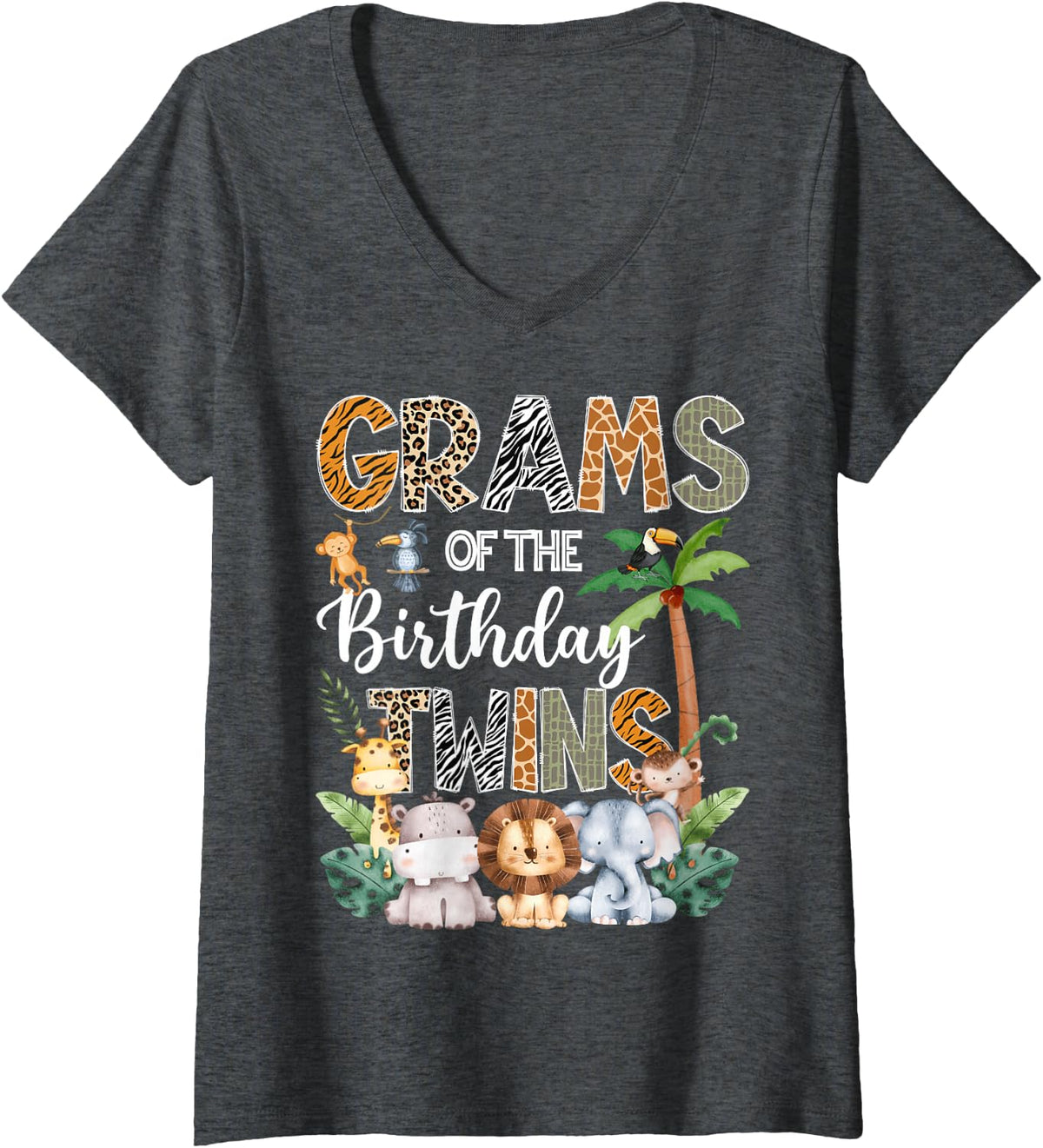 Women's Grams of The Birthday Twins Safari Jungle Animal Lover V-Neck T-Shirt - Dark Heather Grey