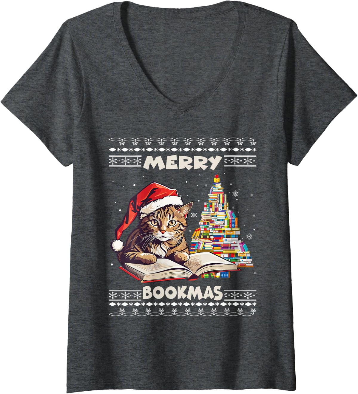 Women's Merry Bookmas Cat Reading A Book Ugly Christmas Sweater Xmas V-Neck T-Shirt - Dark Heather Grey