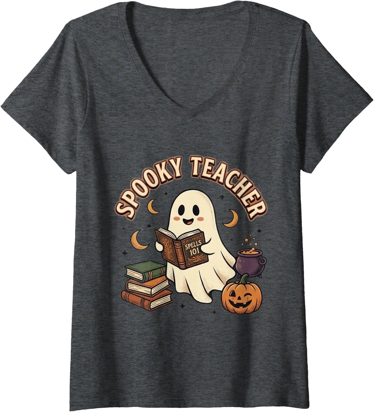 Women's Spooky Teacher Ghost Reading is Magical Halloween Design V-Neck T-Shirt - Dark Heather Grey