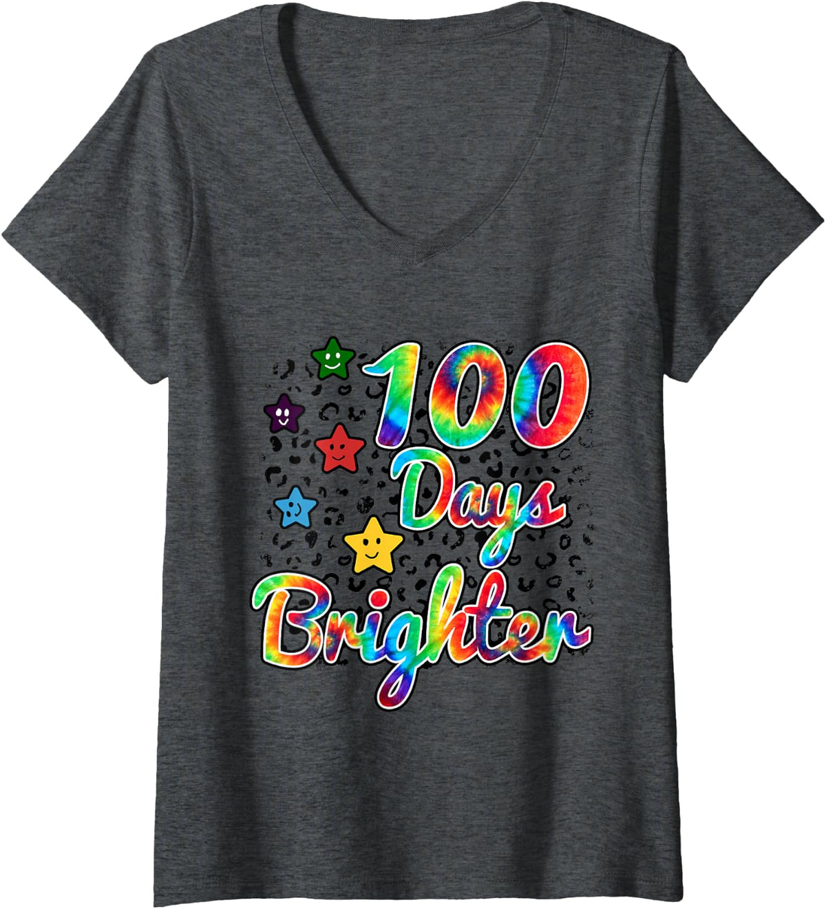 Women's Tie Dye 100 Days Brighter Student Happy 100th Day of School V-Neck T-Shirt - Dark Heather Grey