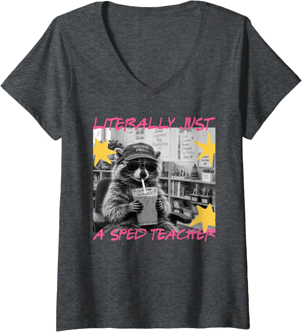 Women's Literally Just A Sped Teacher Funny Raccoon Meme V-Neck T-Shirt - Dark Heather Grey