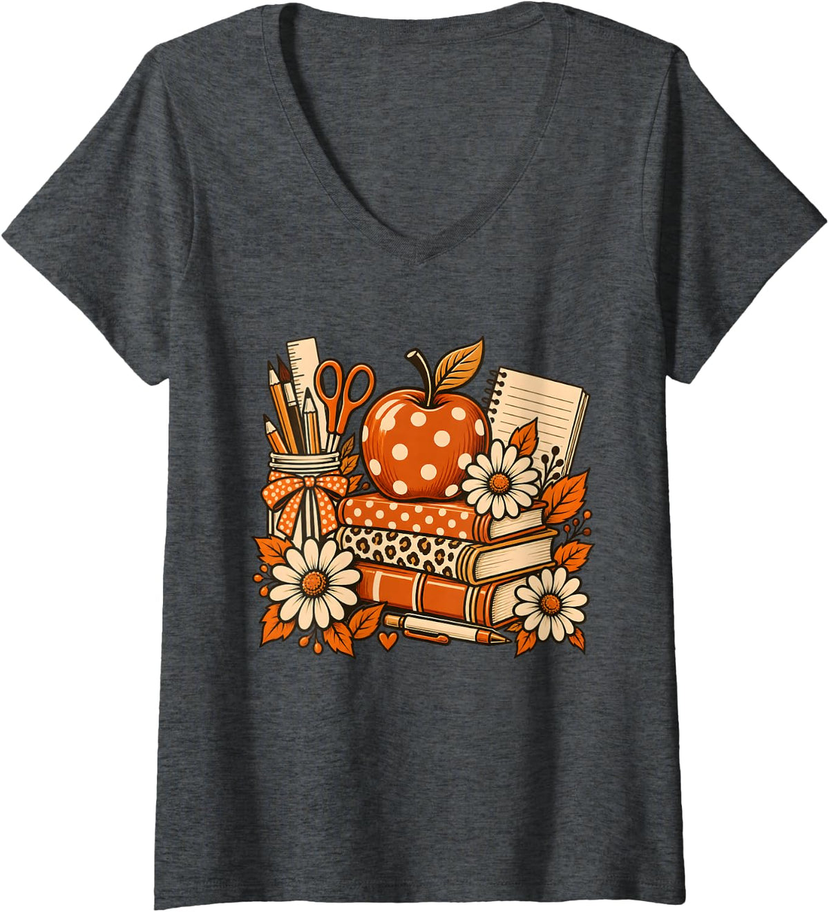 Women's Cute Fall Teacher School Books Autumn Thanksgiving Halloween V-Neck T-Shirt - Dark Heather Grey