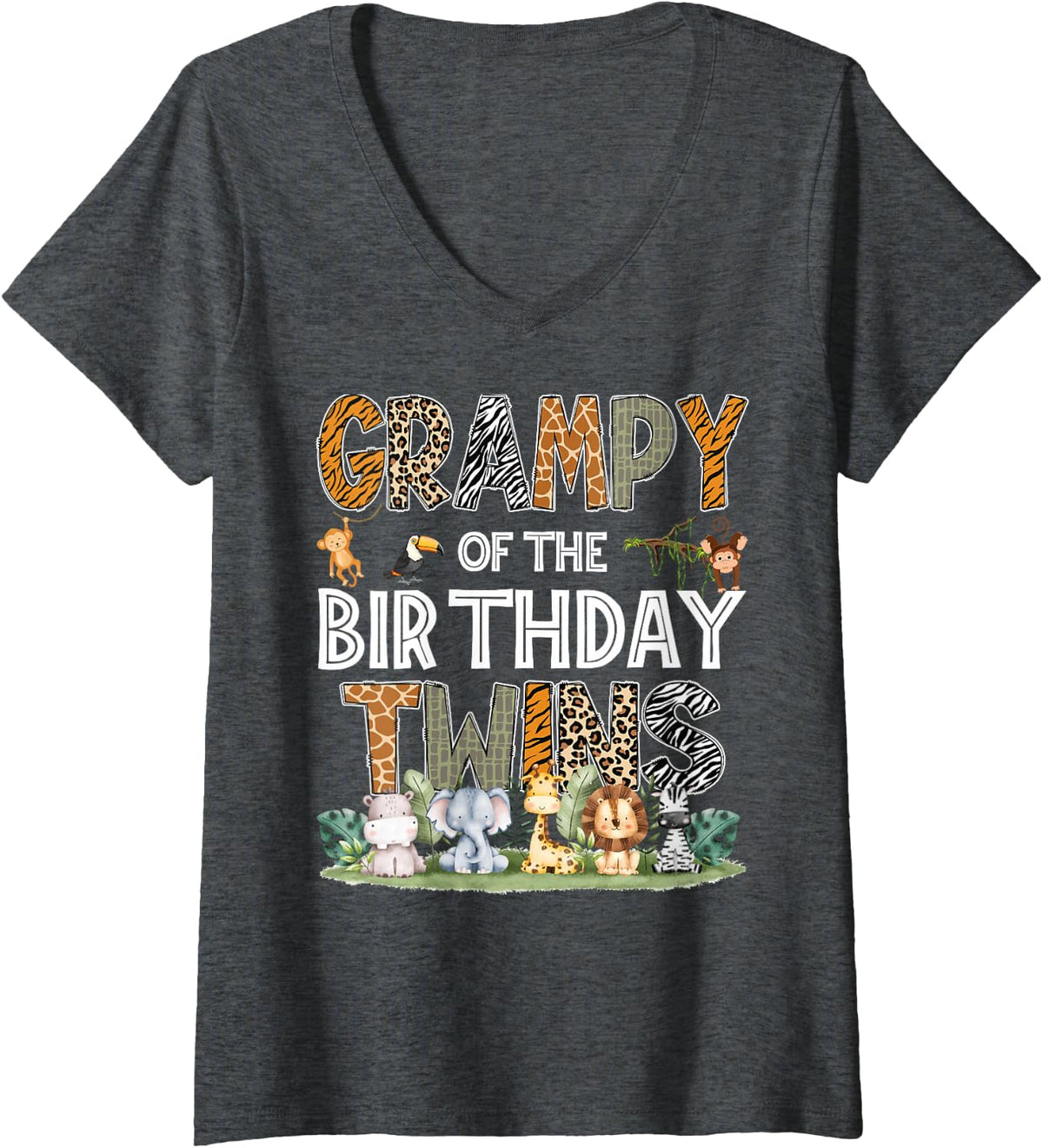 Women's Grampy of The Birthday Twins Safari Wild One Zoo Animal V-Neck T-Shirt - Dark Heather Grey