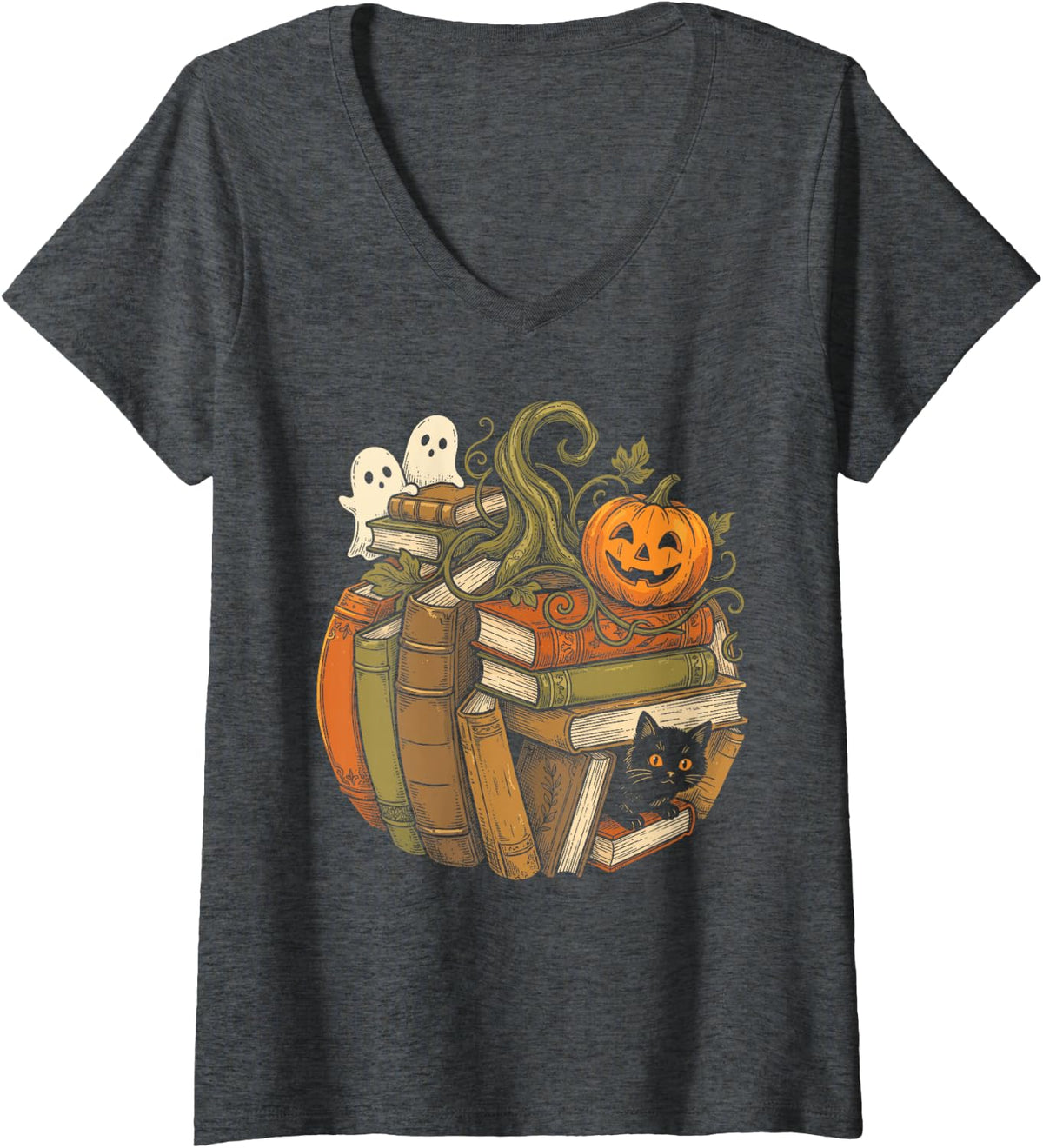 Women's Pumpkin Reading Book Lovers Teacher Librarian Halloween Fall V-Neck T-Shirt - Dark Heather Grey