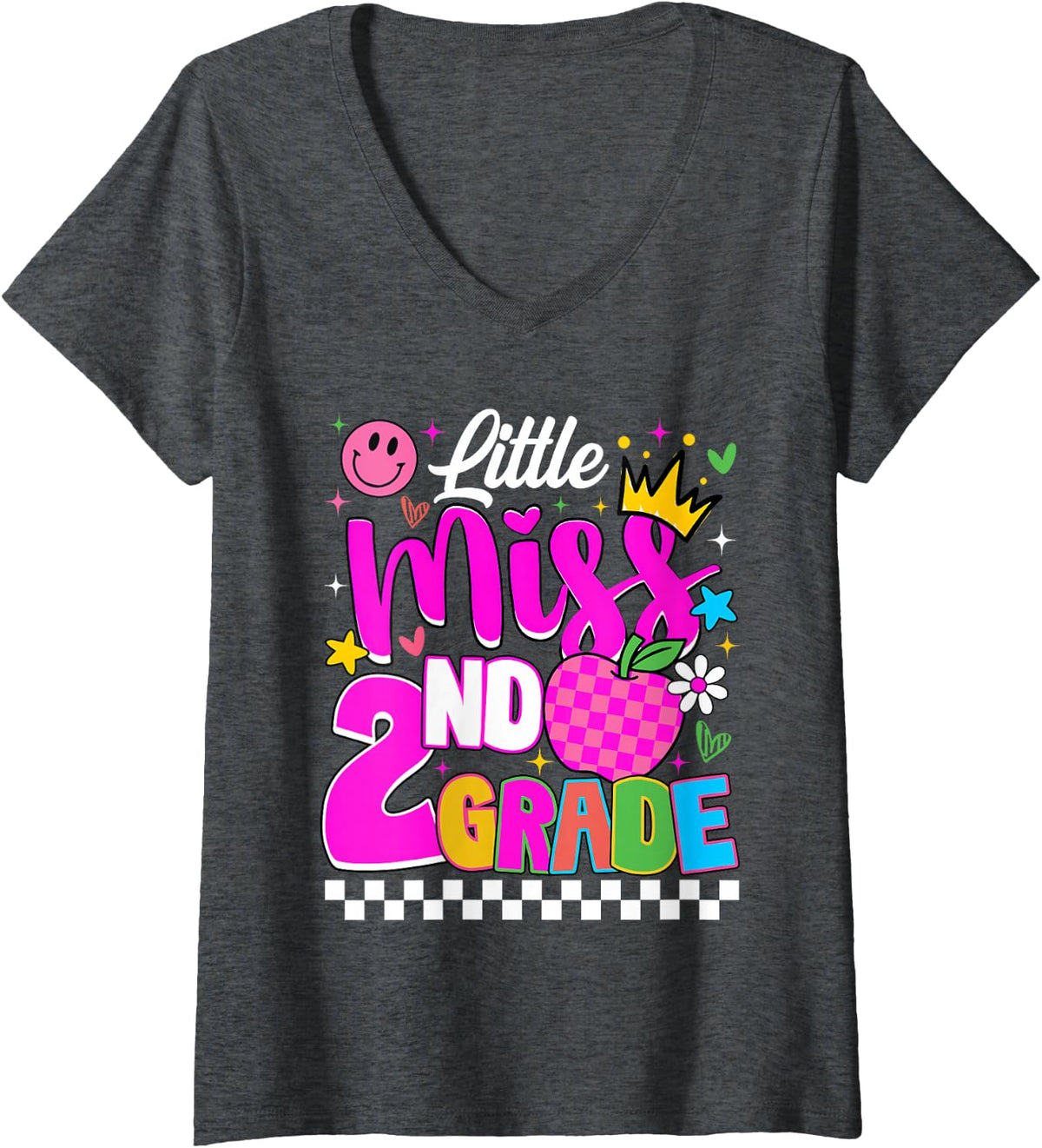 Women's Little Miss 2nd Grade Cute First Day of School Girl Student V-Neck T-Shirt - Dark Heather Grey
