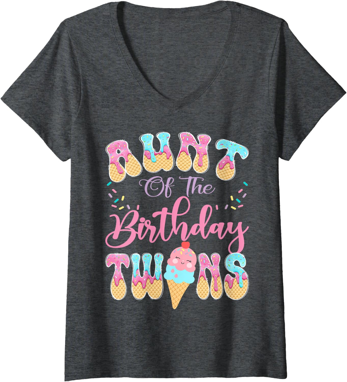 Women's Aunt of The Birthday Twins Sweet Ice Cream Drip Party V-Neck T-Shirt - Dark Heather Grey