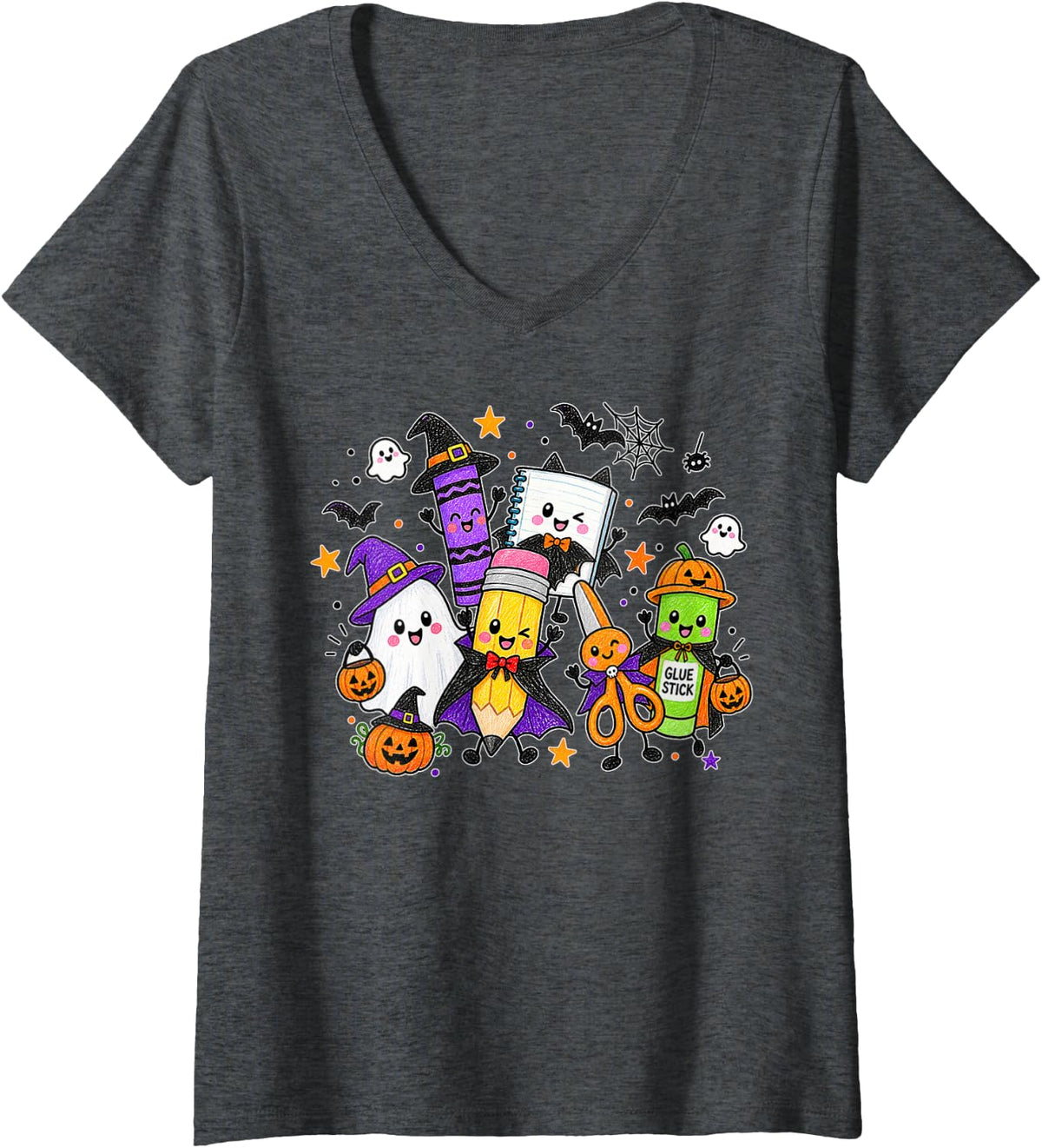 Women's Funny Spooky School Teacher Cute School Supplies Halloween V-Neck T-Shirt - Dark Heather Grey