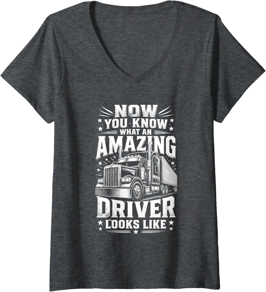Women's Amazing Driver Slogan for Truck Enthusiasts V-Neck T-Shirt - Dark Heather Grey