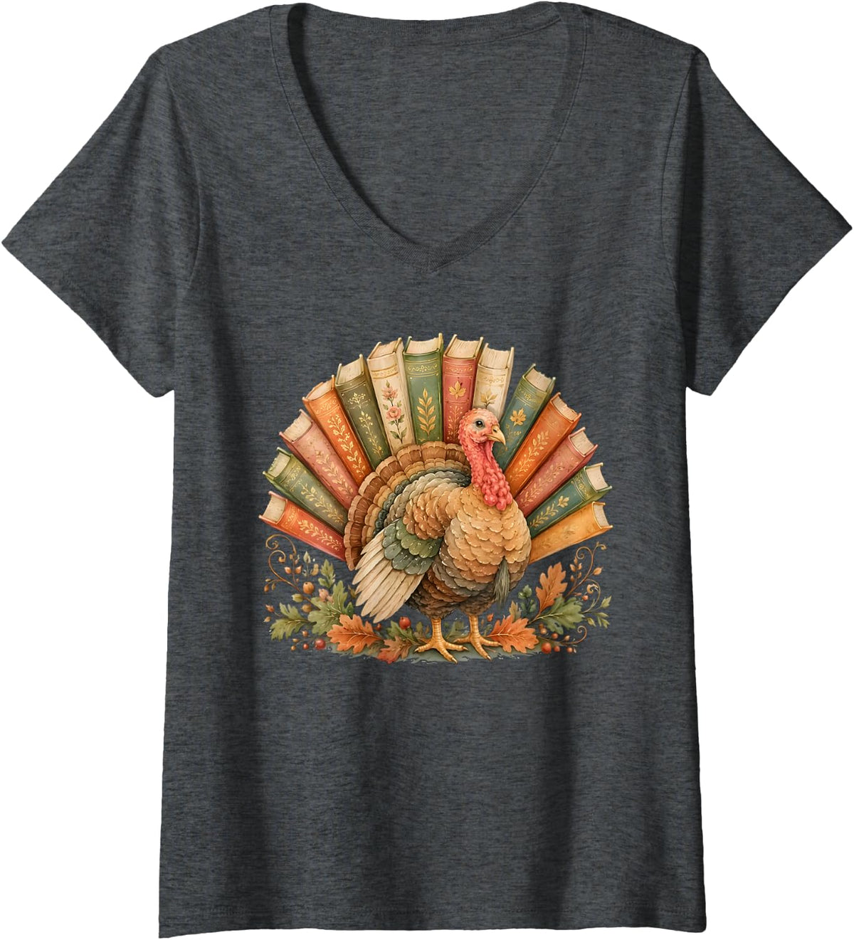Women's Retro Thanksgiving Turkey Book Reading Fall Teacher Bookish V-Neck T-Shirt - Dark Heather Grey