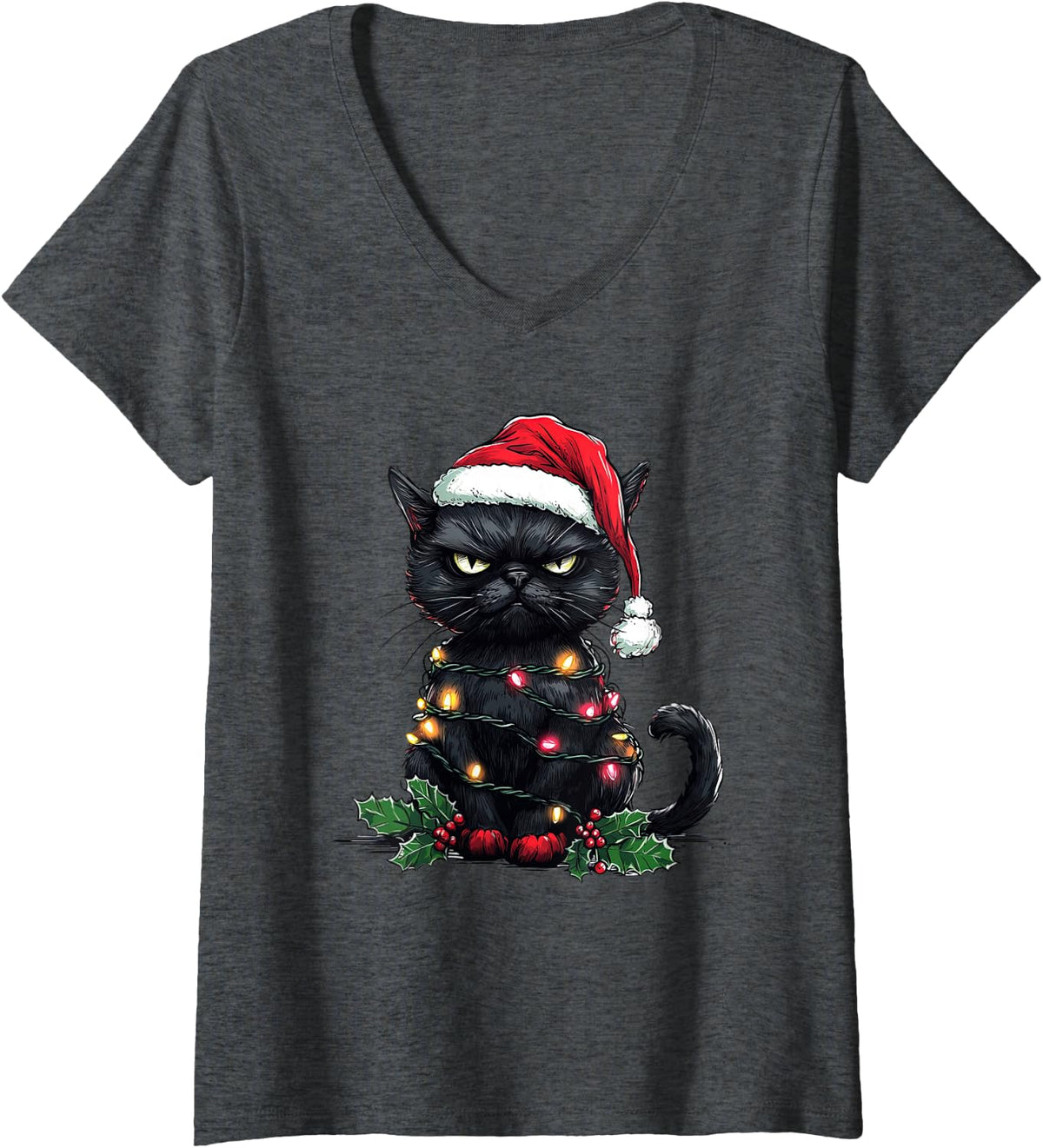 Women's Funny Black Cat Santa Hat Merry Christmas Tree Lights Cat V-Neck T-Shirt - Dark Heather Grey