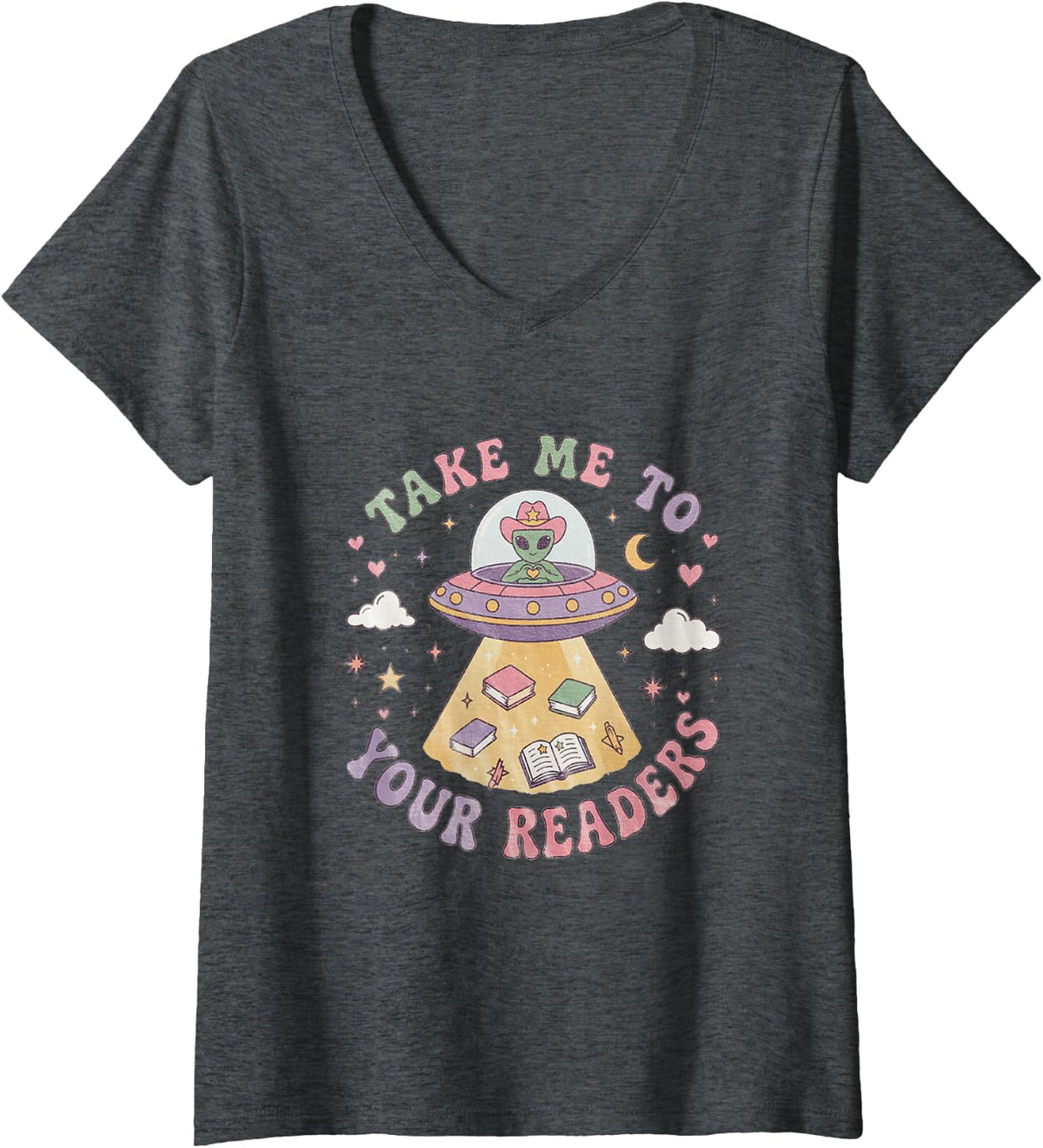 Women's Retro Cute Alien Reading Teacher Library Back to School V-Neck T-Shirt - Dark Heather Grey