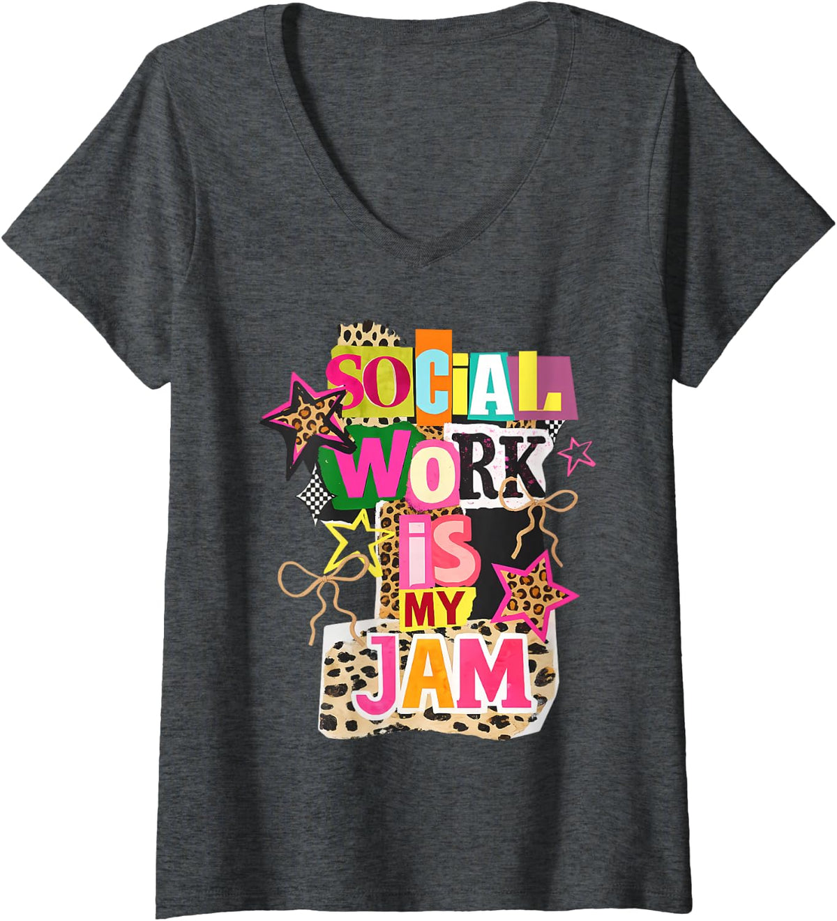 Women's Vintage Y2K Social Worker Social Work is My Jam Coquette V-Neck T-Shirt - Dark Heather Grey
