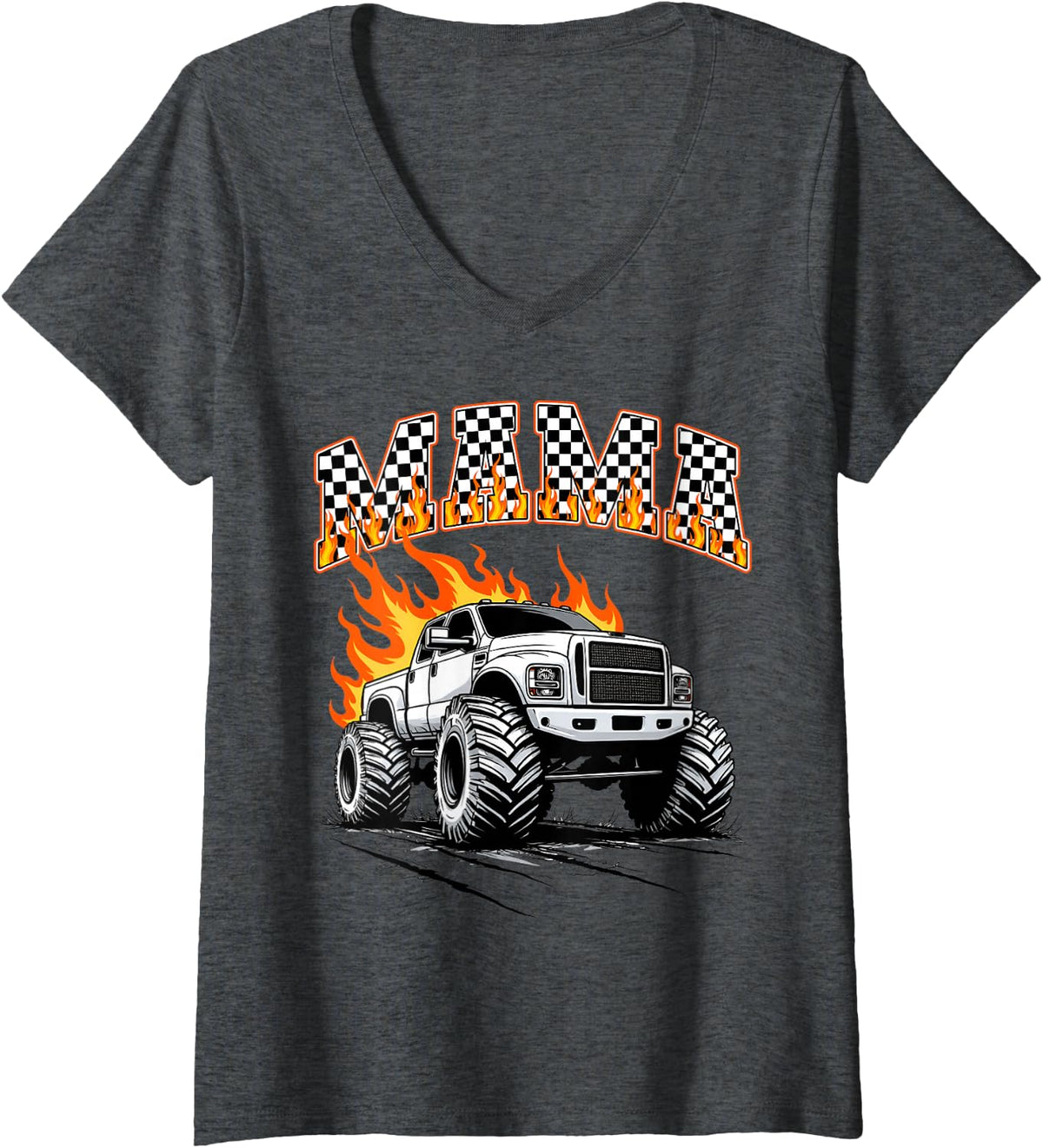 Women's Retro Mama Monster Truck Birthday Matching Mom Monster Truck V-Neck T-Shirt - Dark Heather Grey