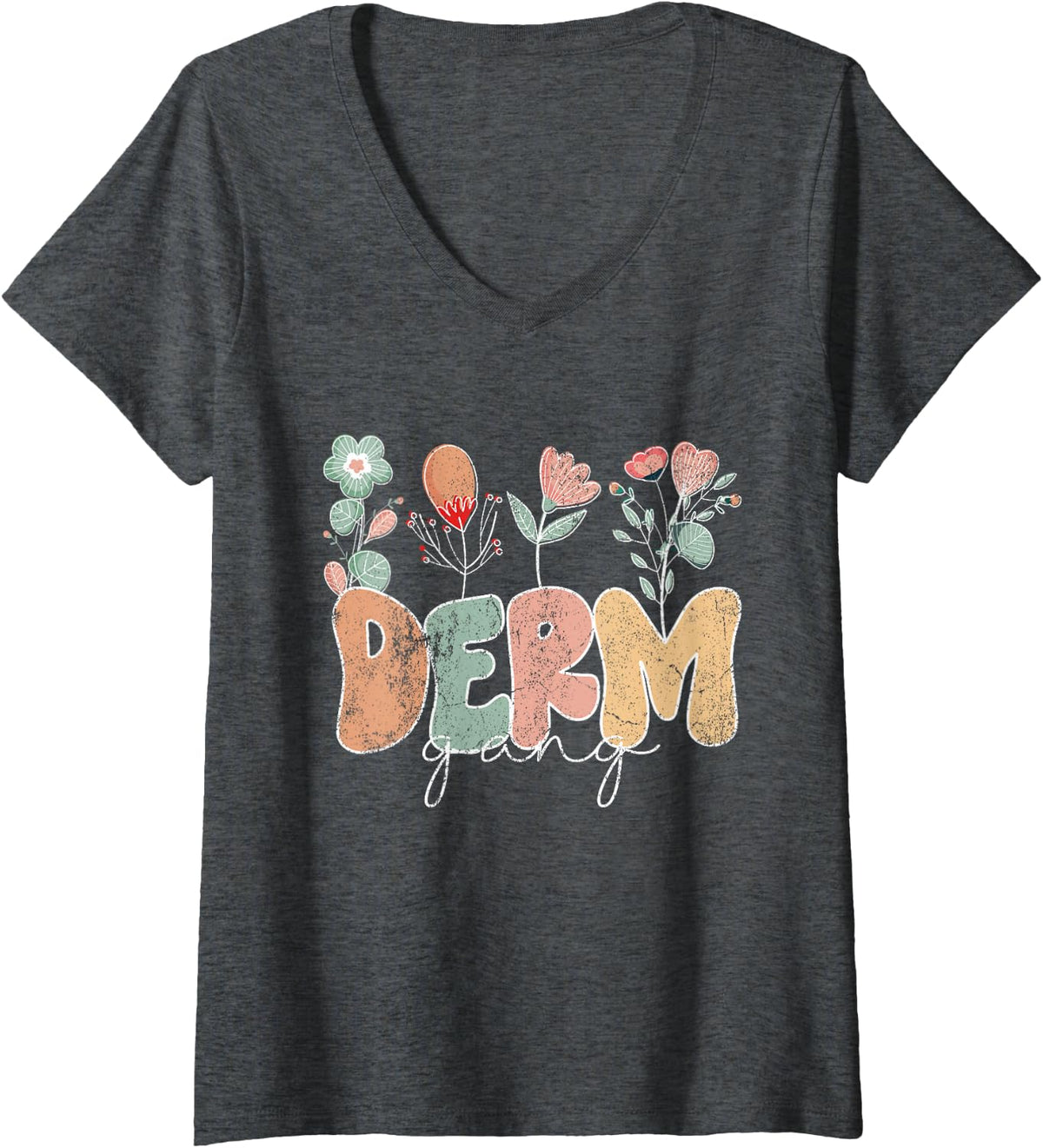 Women's Vintage Derm Gang Flowers Dermatology Nurse Dermatologist V-Neck T-Shirt - Dark Heather Grey