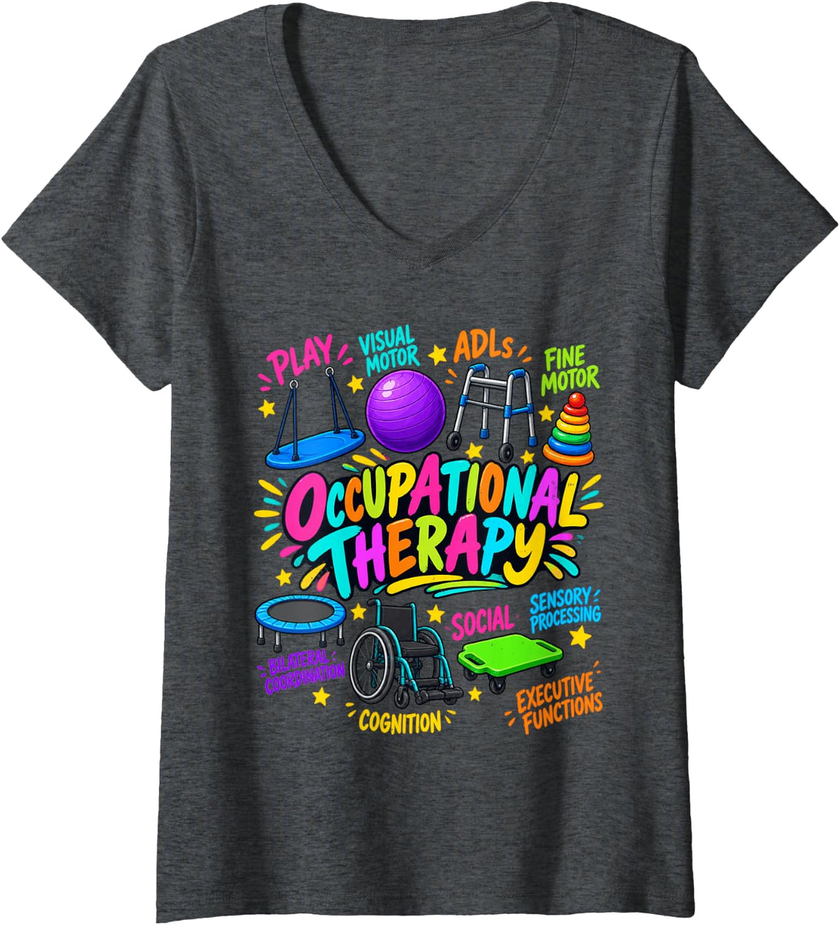 Women's Occupational Therapy Play Visual Motor Adls Fine Motor V-Neck T-Shirt - Dark Heather Grey