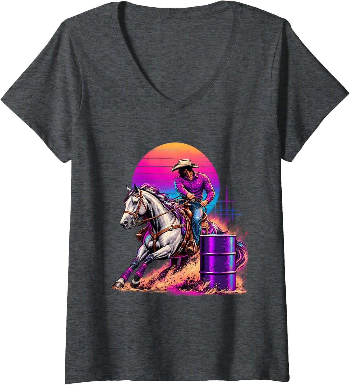 Women's Retro Synthwave Barrel Racing Cowboy Horse Rodeo Rider V-Neck T-Shirt - Dark Heather Grey